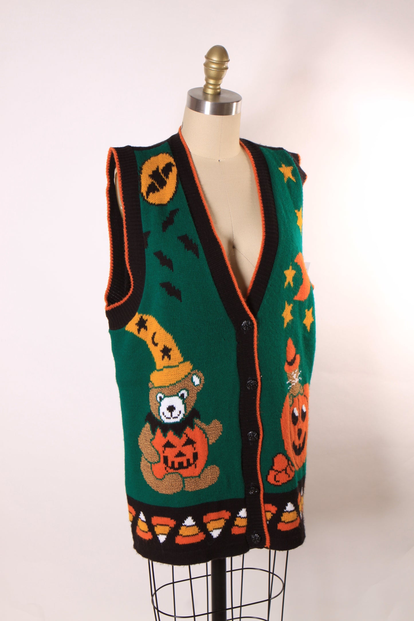 1980s Green, Black and Orange Novelty Cat, Bear, Jack-o-Lantern and Candy Corn Halloween Vest by J.Poole