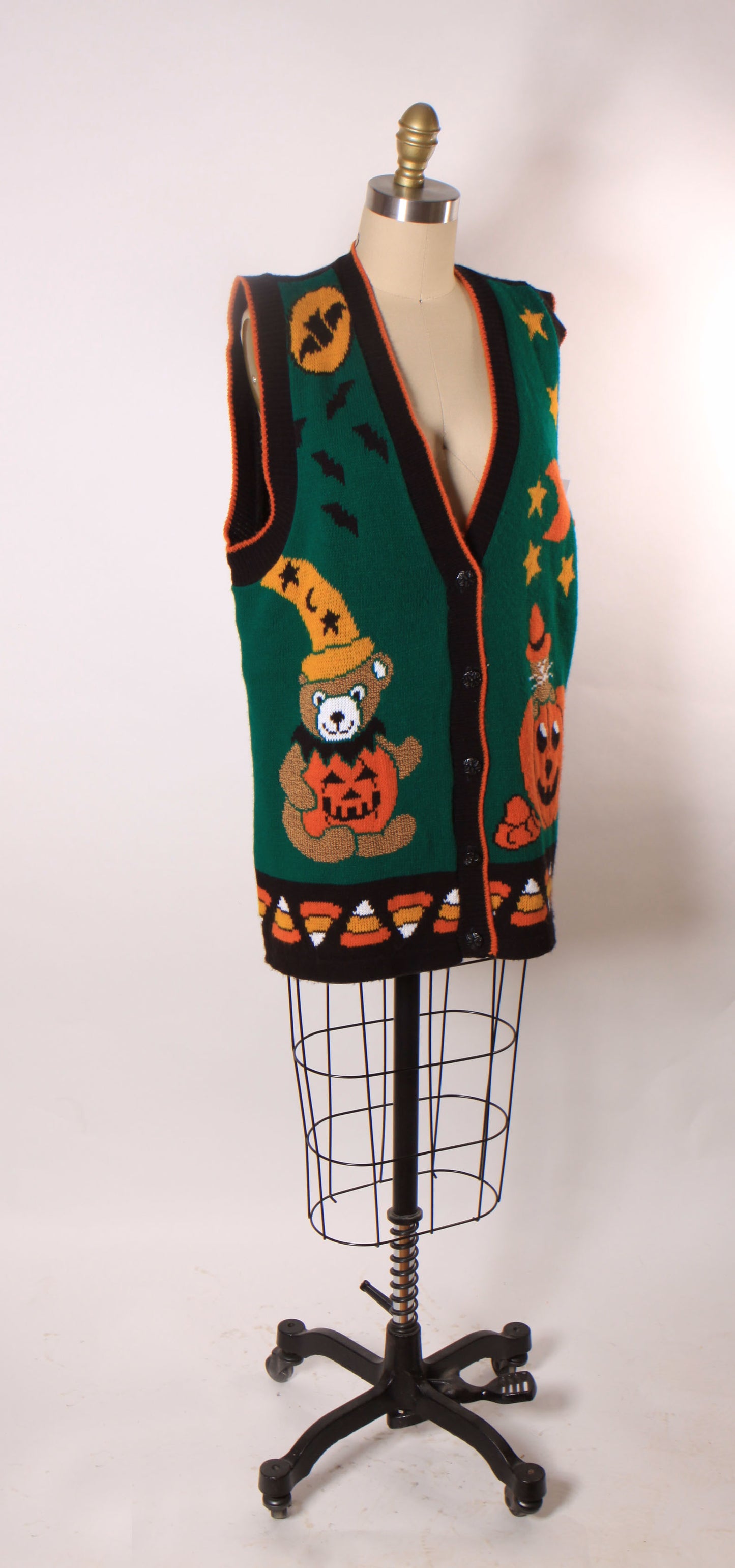 1980s Green, Black and Orange Novelty Cat, Bear, Jack-o-Lantern and Candy Corn Halloween Vest by J.Poole