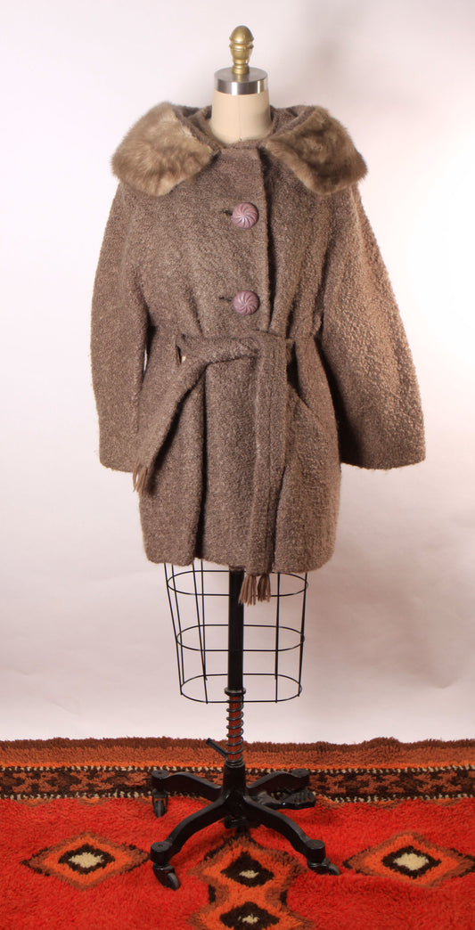 1950s Purple Gray Brown Long Sleeve Interior Belt Mink Fur Trim Collar Coat