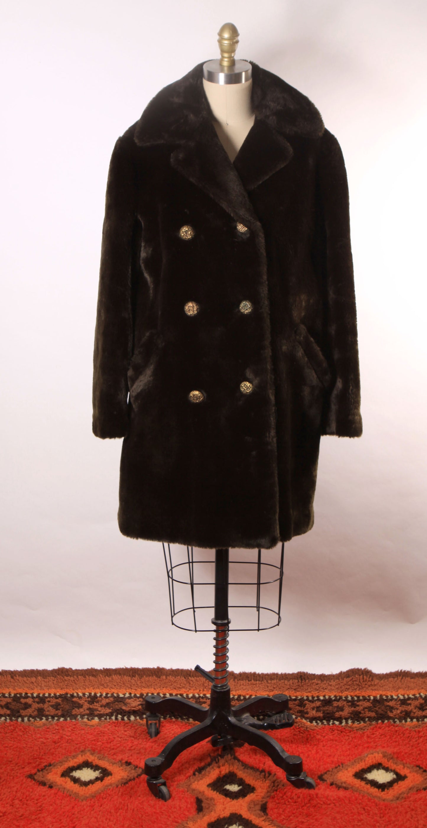 1970s Brown Faux Fur Long Sleeve Brass Tone Button Down Front Coat