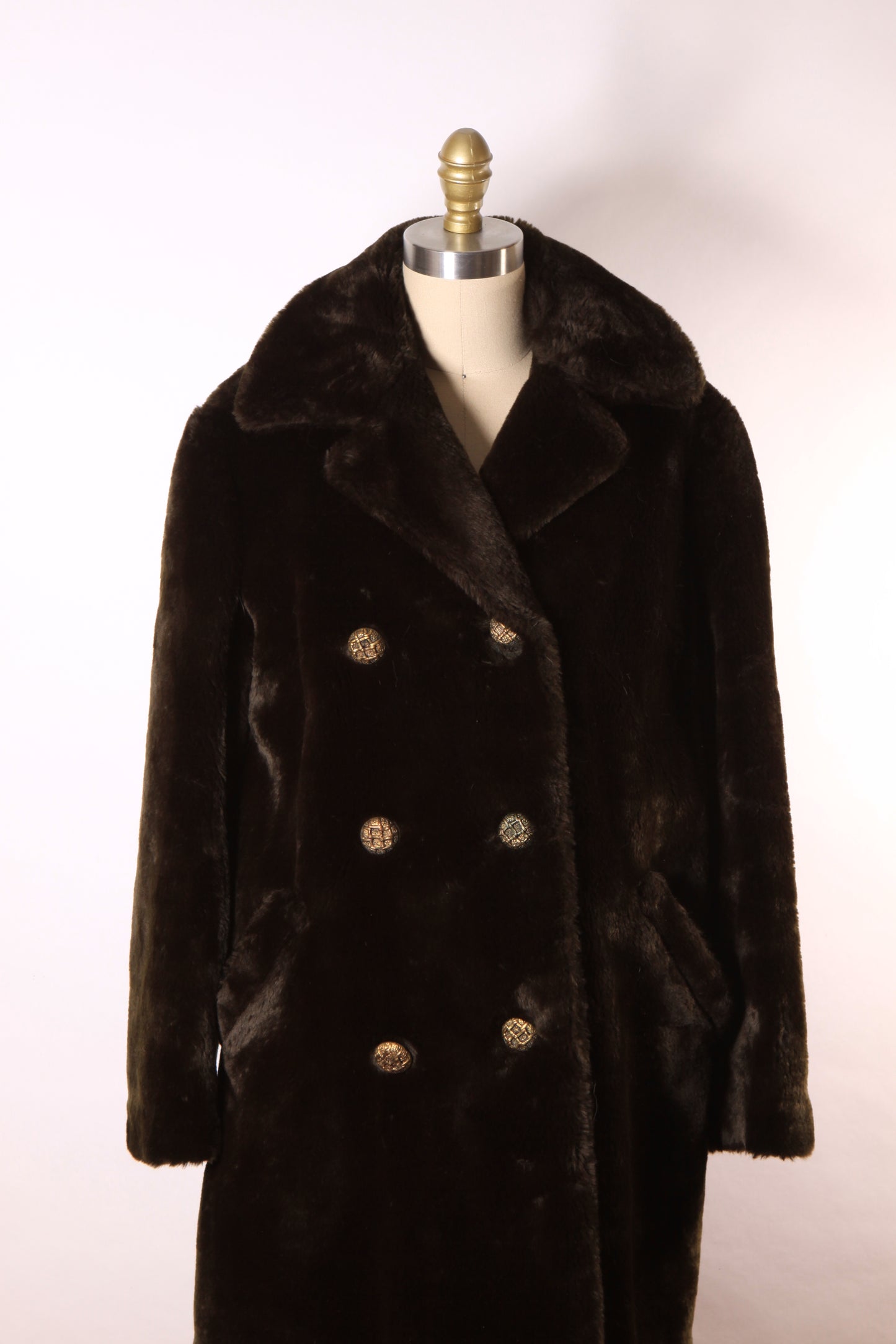 1970s Brown Faux Fur Long Sleeve Brass Tone Button Down Front Coat