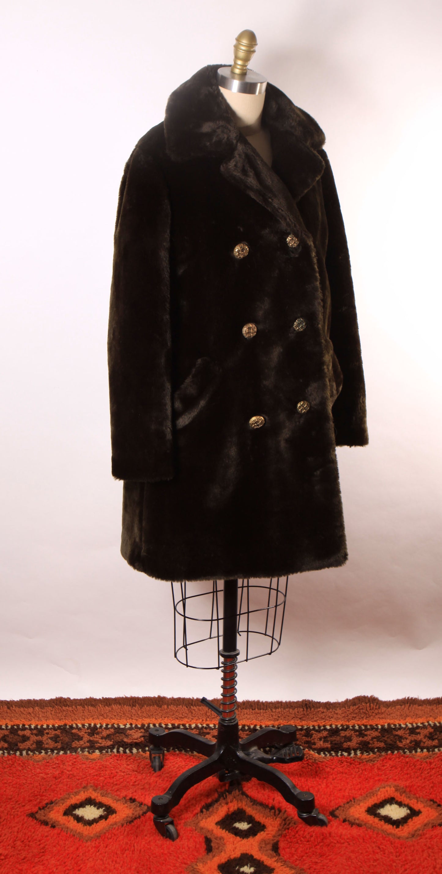 1970s Brown Faux Fur Long Sleeve Brass Tone Button Down Front Coat