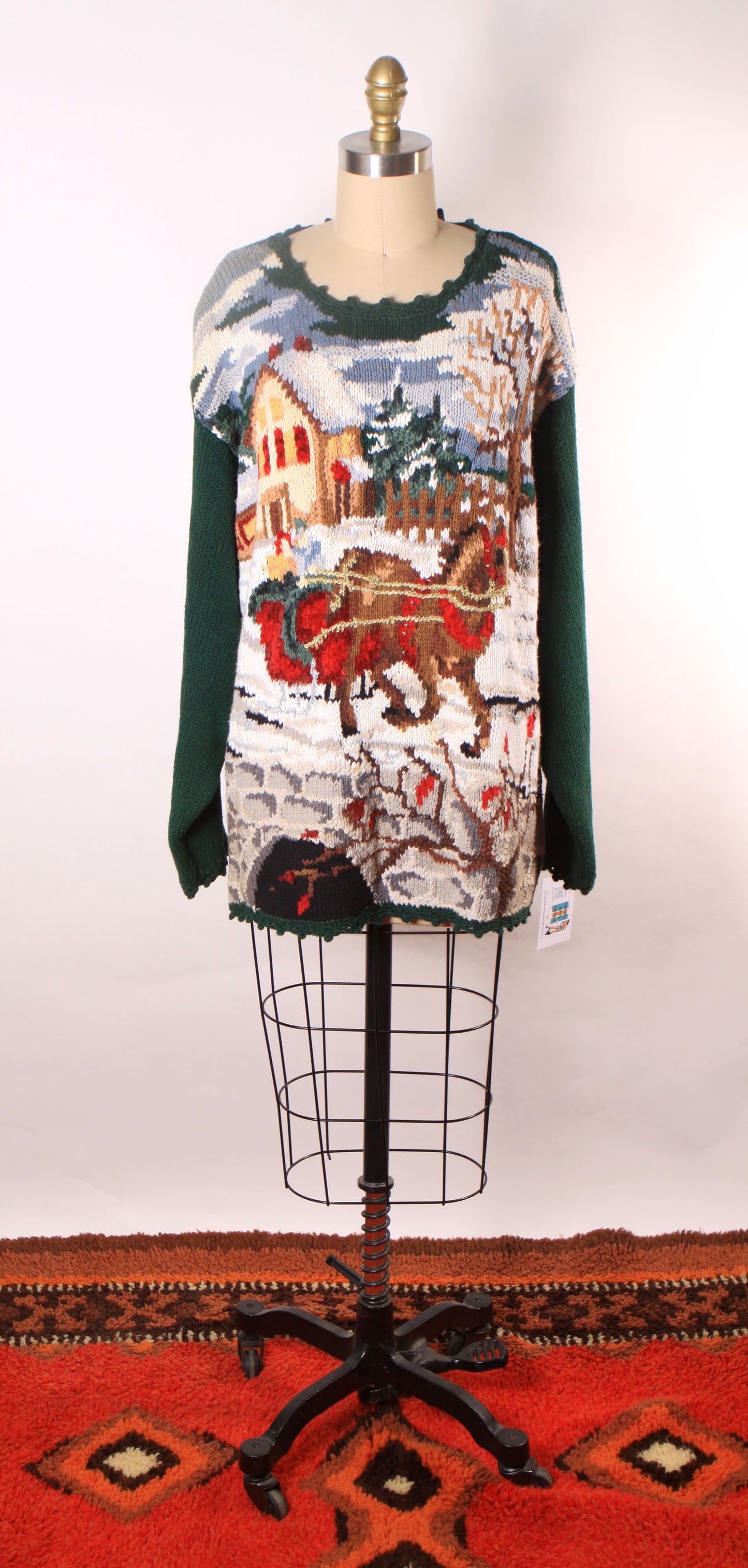 1980s 1990s Forest Green Novelty Knit Christmas Horse Sleigh Ride Pullover Sweater by Stefano Basics -XL