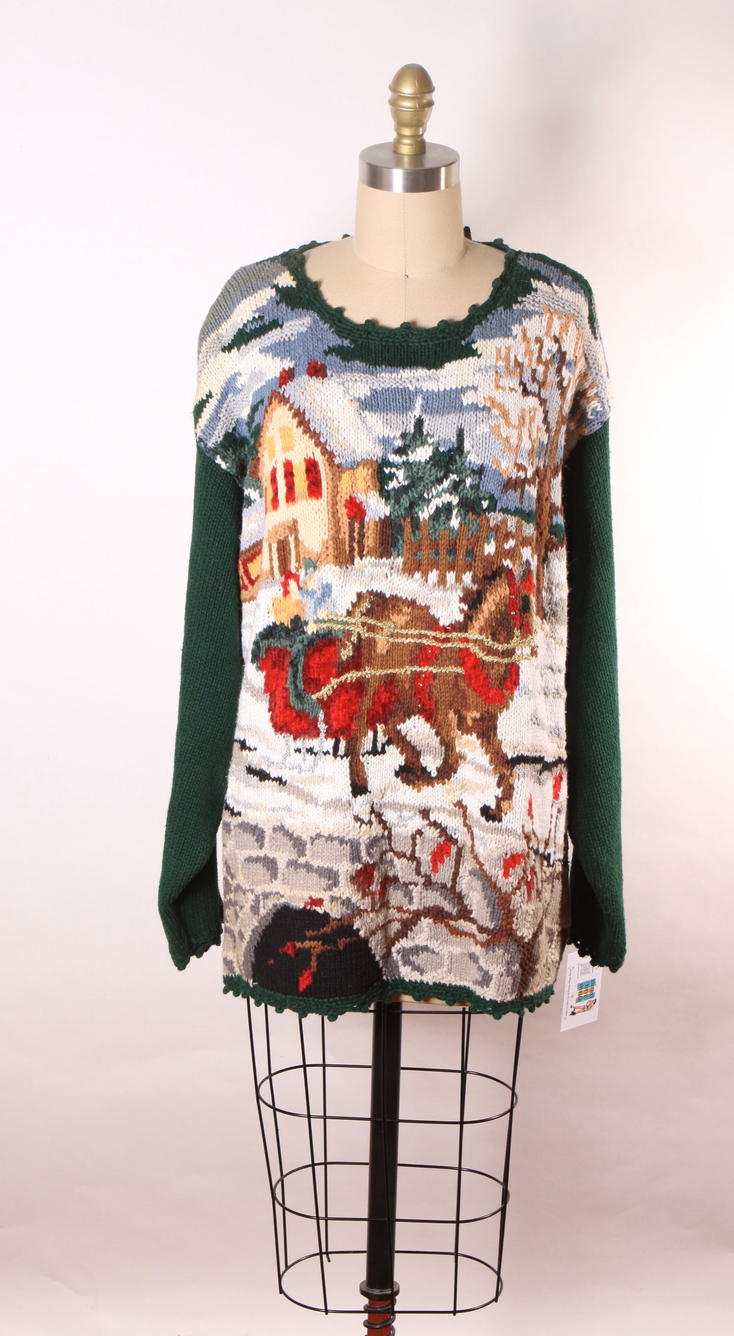 1980s 1990s Forest Green Novelty Knit Christmas Horse Sleigh Ride Pullover Sweater by Stefano Basics -XL