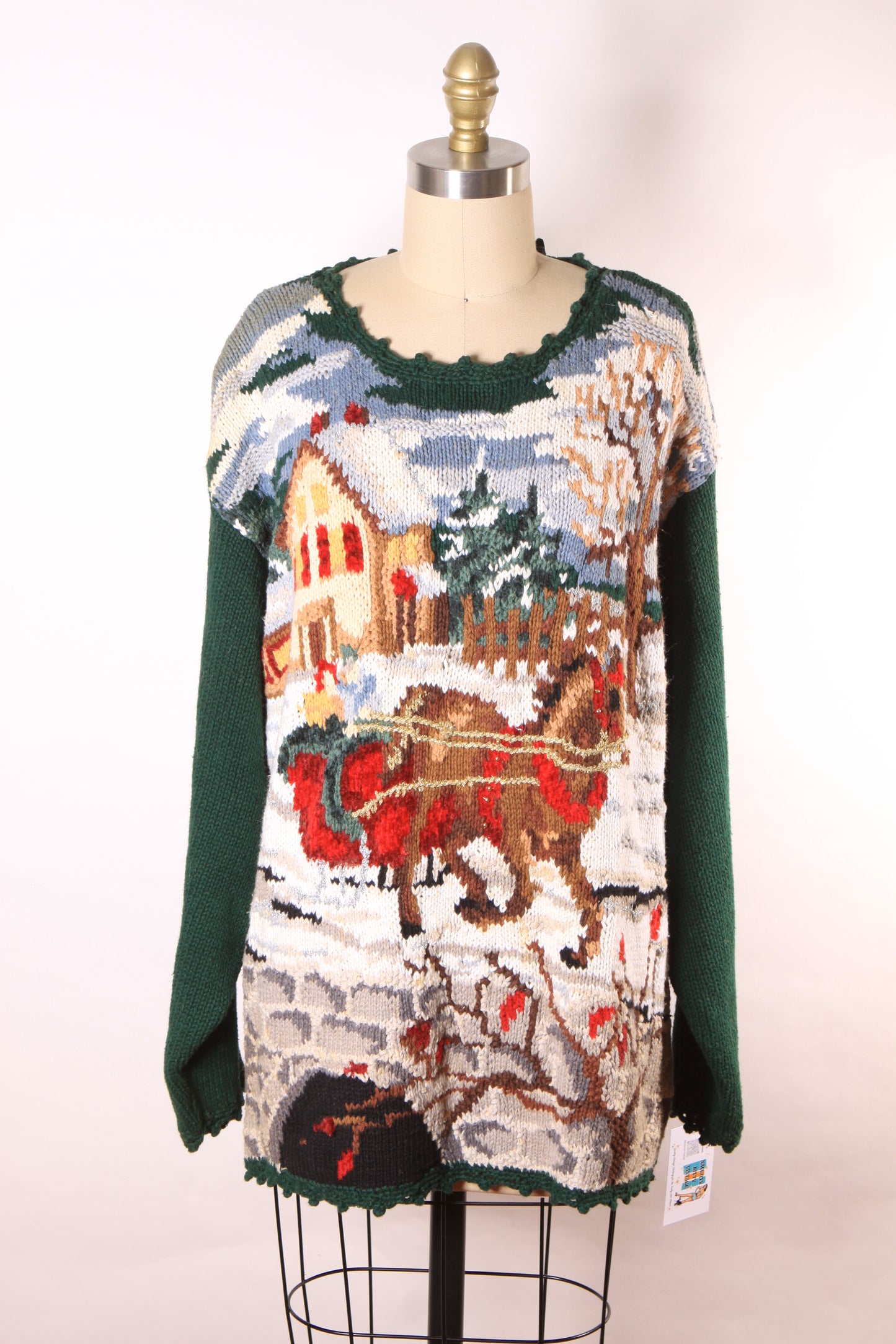 1980s 1990s Forest Green Novelty Knit Christmas Horse Sleigh Ride Pullover Sweater by Stefano Basics -XL