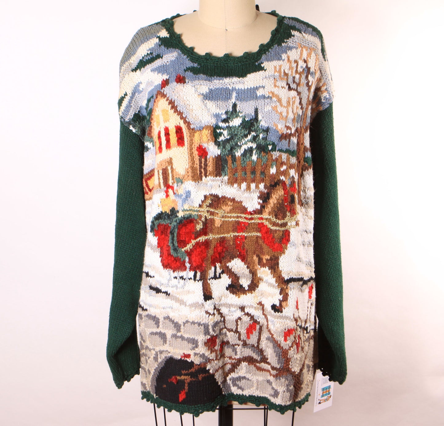 1980s 1990s Forest Green Novelty Knit Christmas Horse Sleigh Ride Pullover Sweater by Stefano Basics -XL