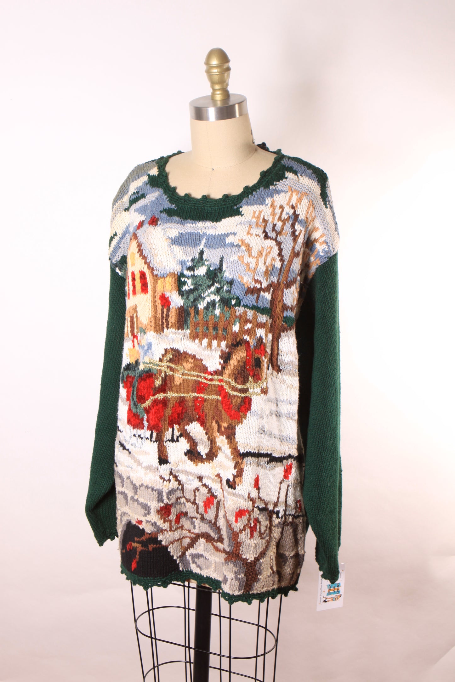 1980s 1990s Forest Green Novelty Knit Christmas Horse Sleigh Ride Pullover Sweater by Stefano Basics -XL