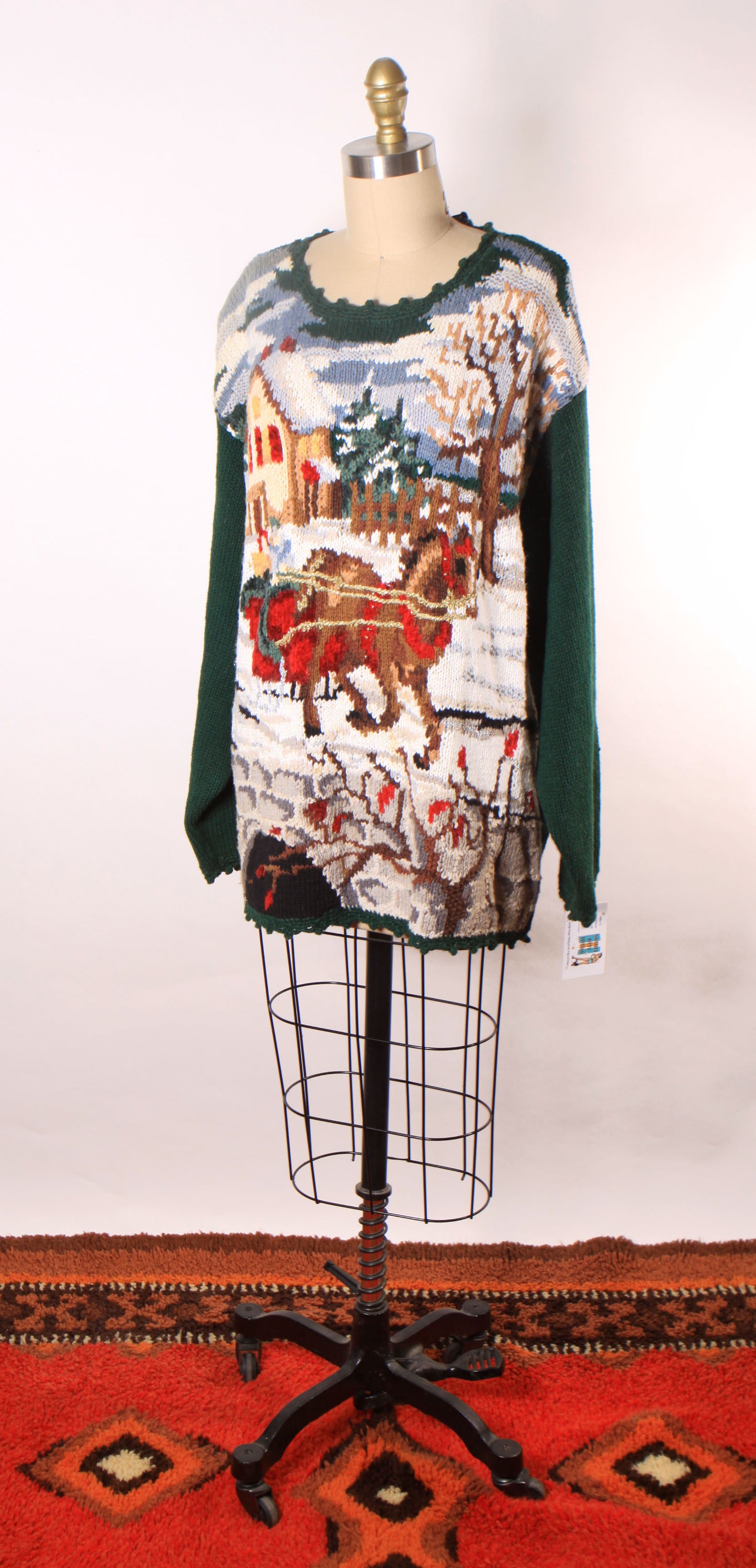 1980s 1990s Forest Green Novelty Knit Christmas Horse Sleigh Ride Pullover Sweater by Stefano Basics -XL