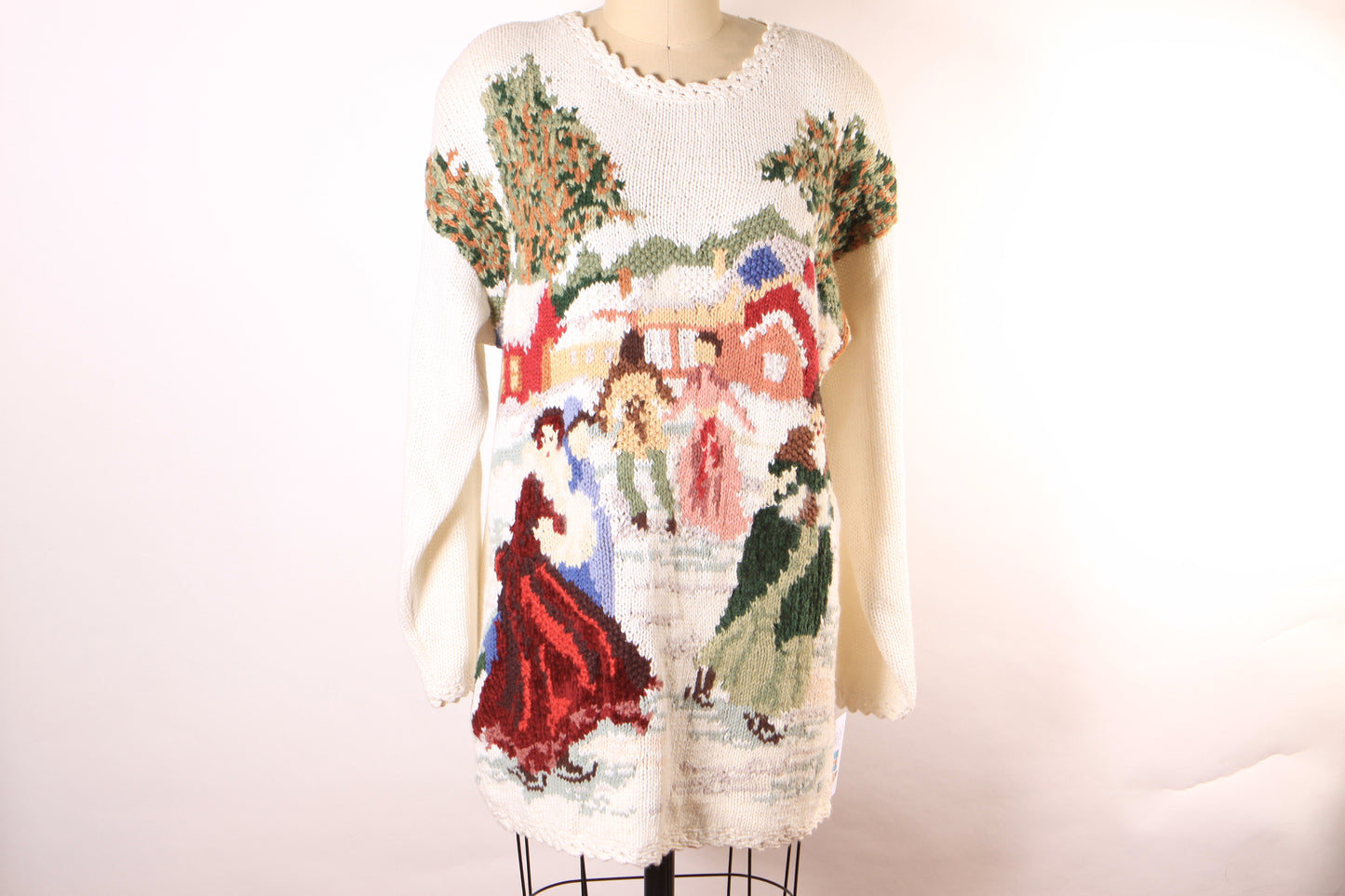 1980s 1990s White and Multi-Colored Novelty Knit Victorian Couples Christmas Skiing Pullover Sweater by Newport News -M