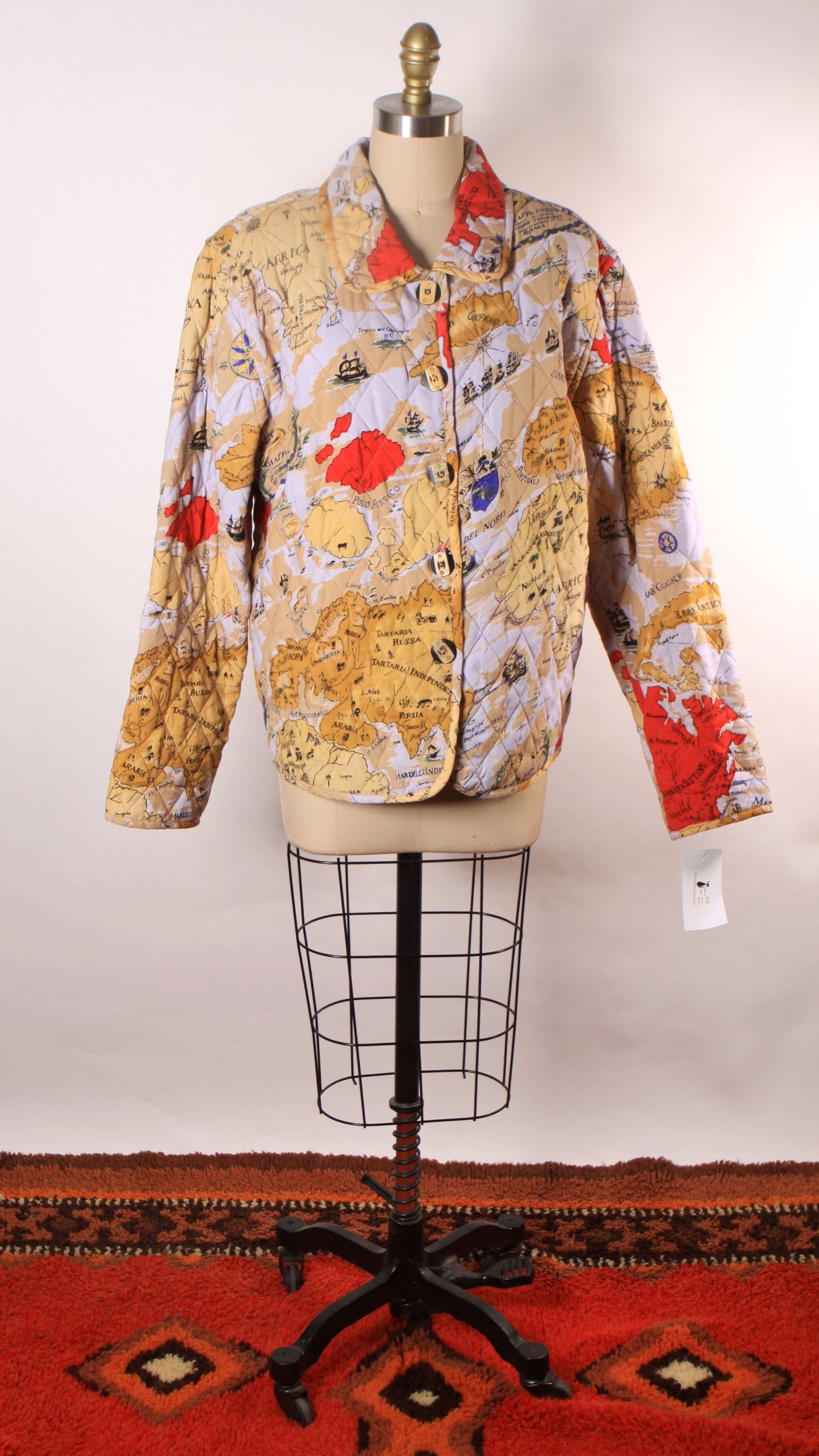 1980s 1990s Multi-Colored Novelty World Map Long Sleeve Quilted Jacket by Alex Kim by Allure -M