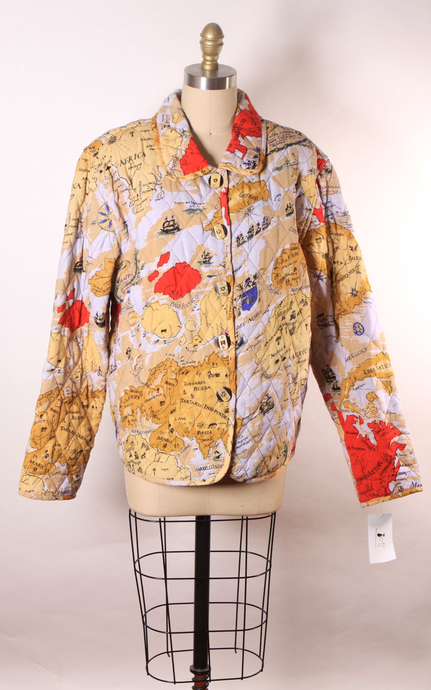 1980s 1990s Multi-Colored Novelty World Map Long Sleeve Quilted Jacket by Alex Kim by Allure -M