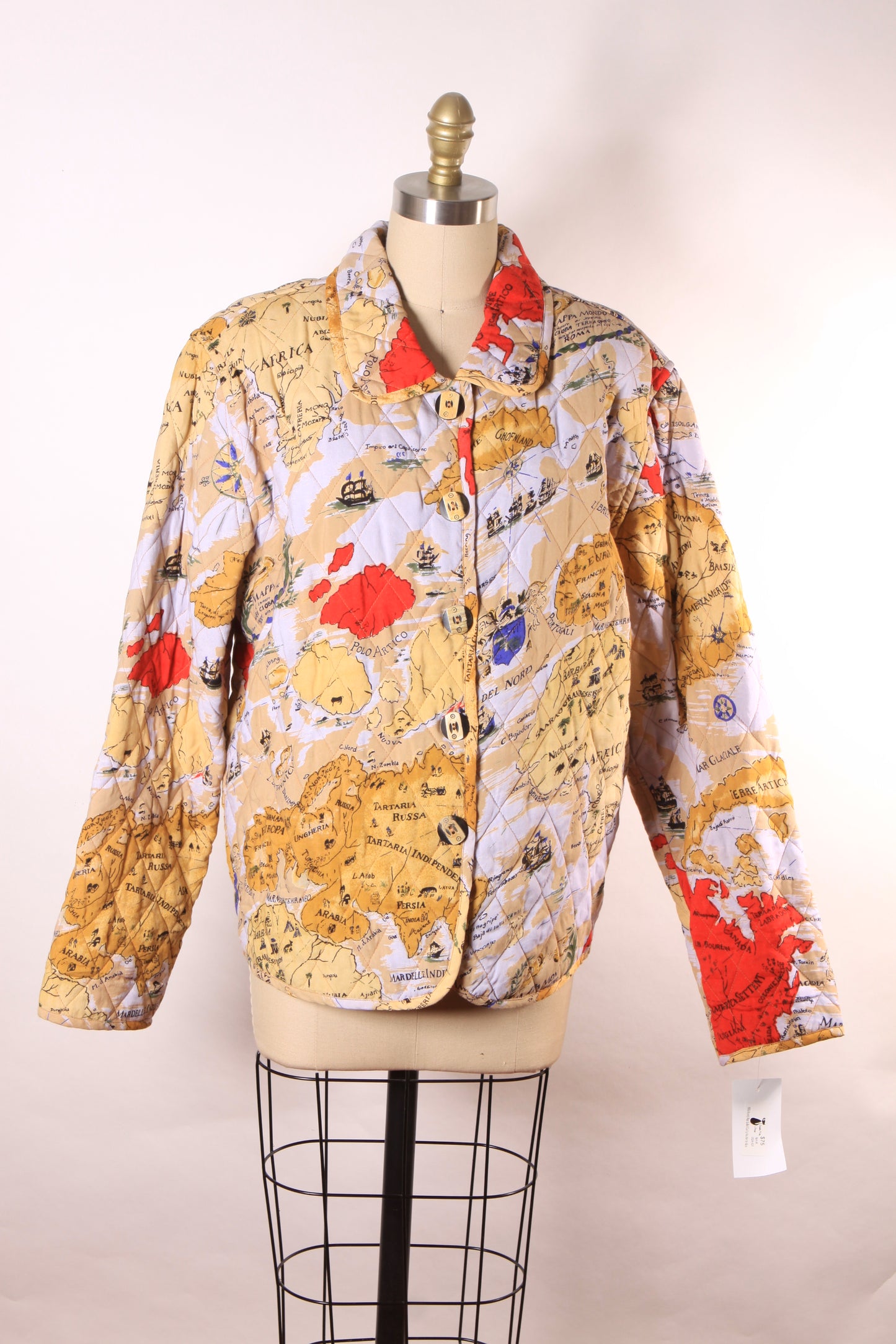 1980s 1990s Multi-Colored Novelty World Map Long Sleeve Quilted Jacket by Alex Kim by Allure -M