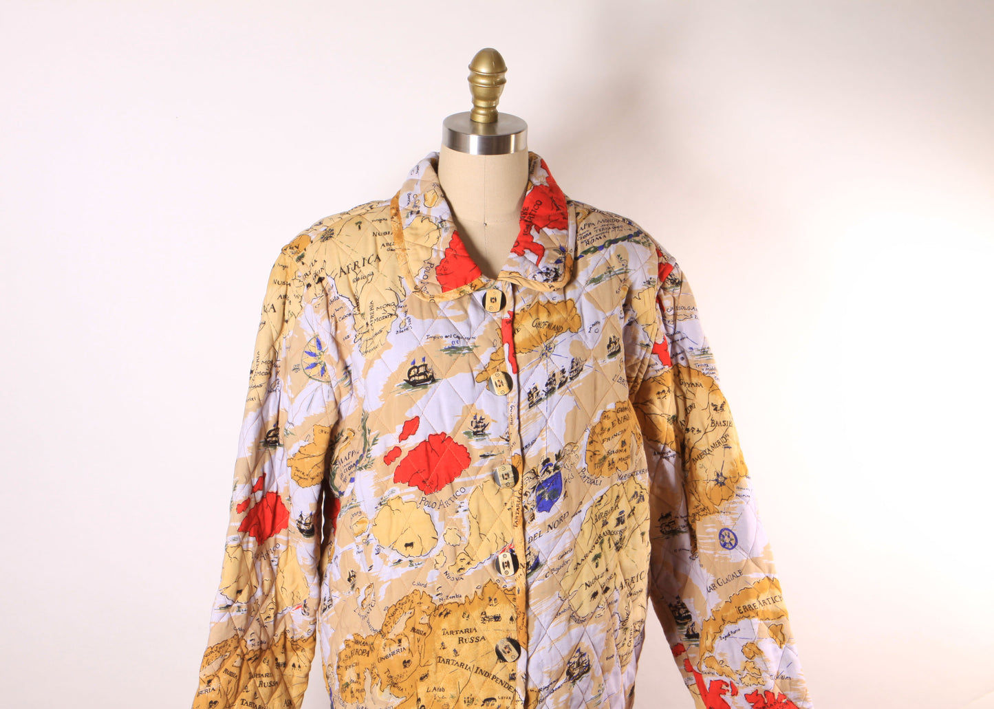 1980s 1990s Multi-Colored Novelty World Map Long Sleeve Quilted Jacket by Alex Kim by Allure -M