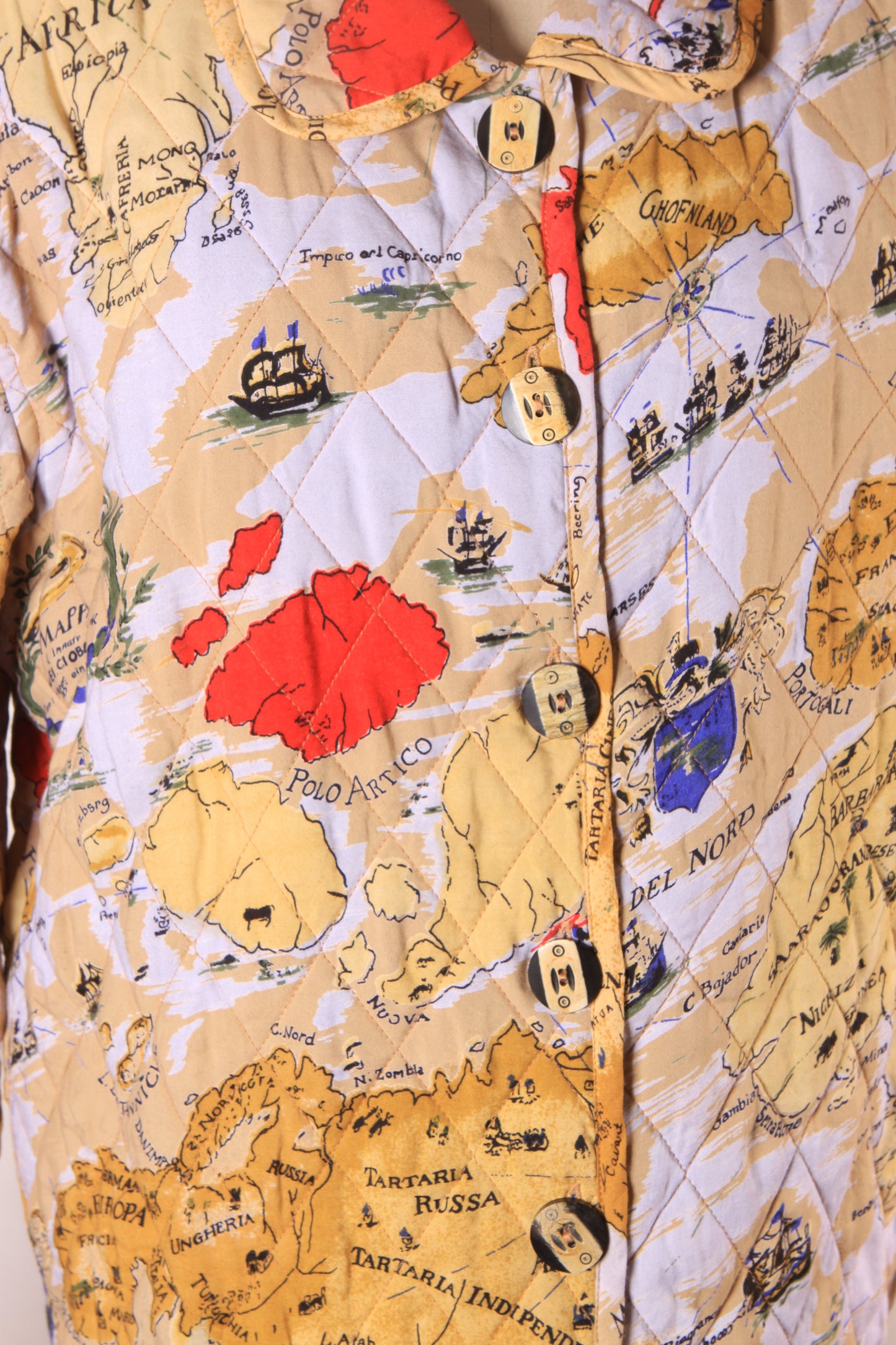 1980s 1990s Multi-Colored Novelty World Map Long Sleeve Quilted Jacket by Alex Kim by Allure -M