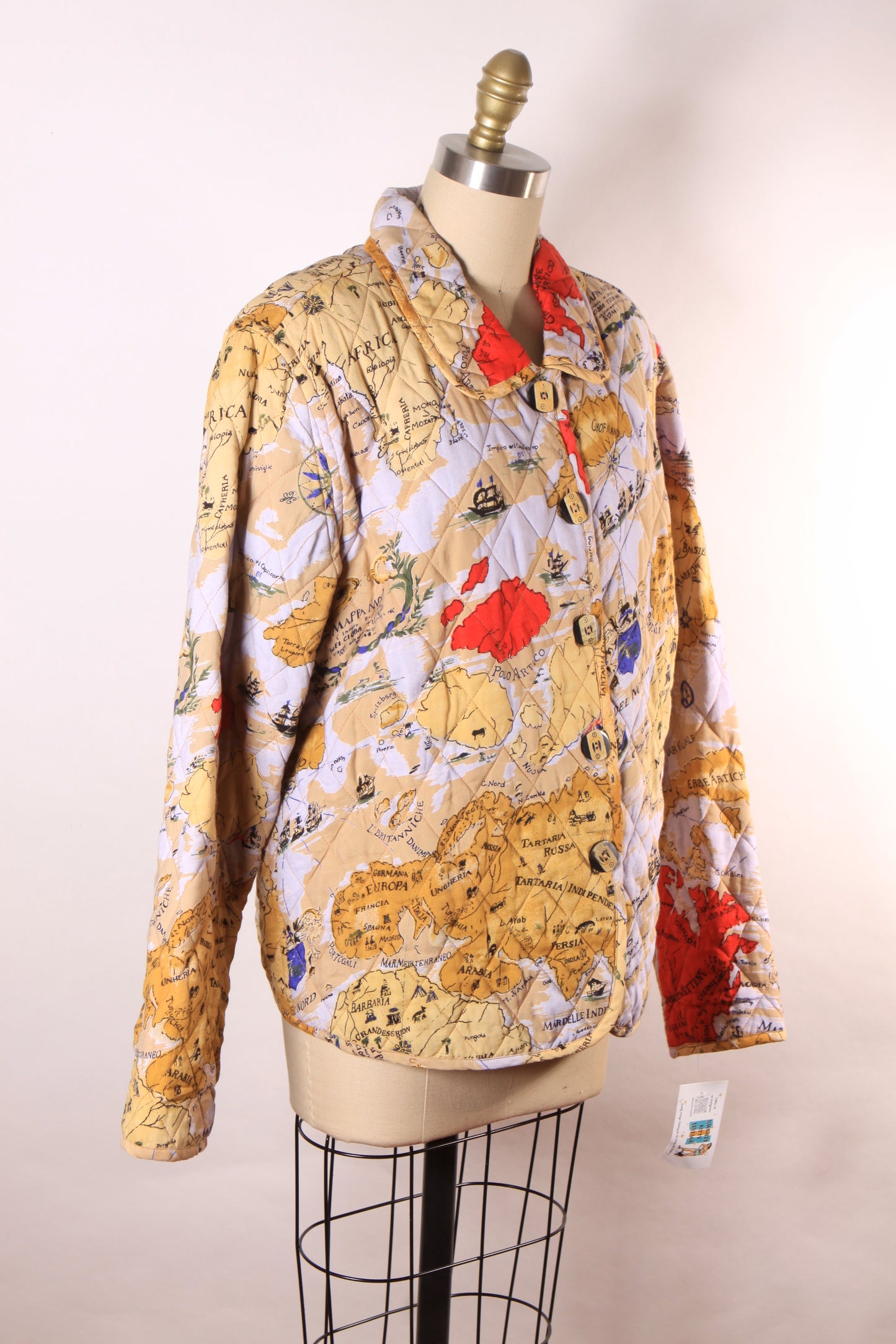 1980s 1990s Multi-Colored Novelty World Map Long Sleeve Quilted Jacket by Alex Kim by Allure -M