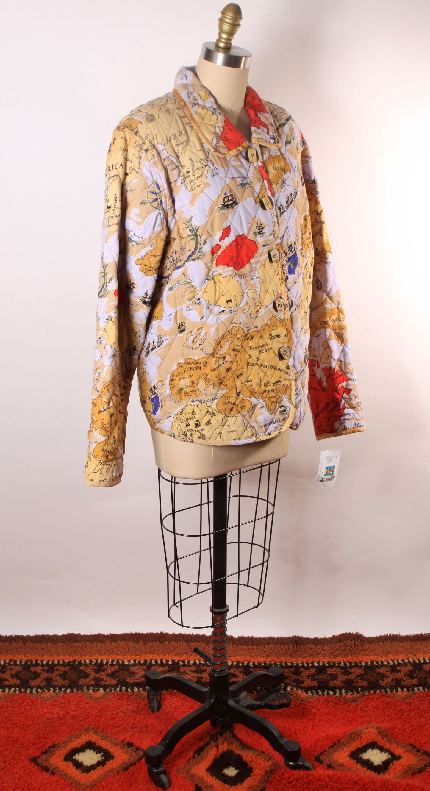 1980s 1990s Multi-Colored Novelty World Map Long Sleeve Quilted Jacket by Alex Kim by Allure -M