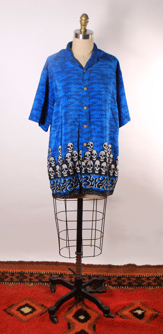 1990s Y2K Novelty Blue, Black and White Skull Border Print Button Down Mens Shirt by Extreme Gear -S