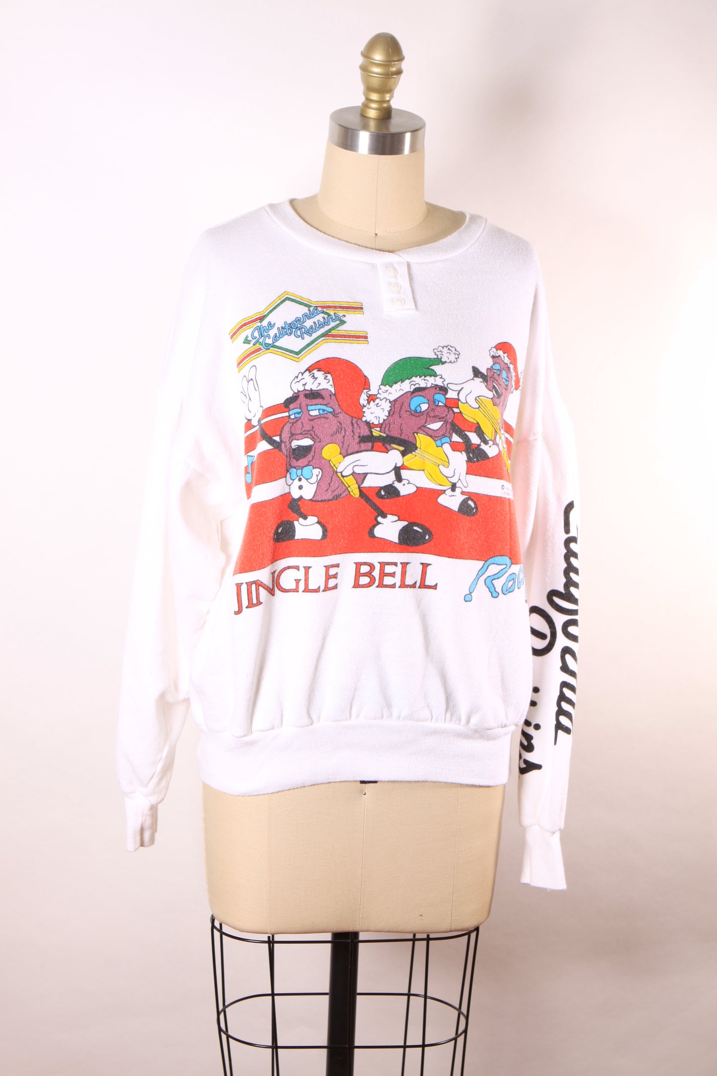 1980s Novelty California Raisins White Pullover Christmas Sweatshirt by Jane Colby