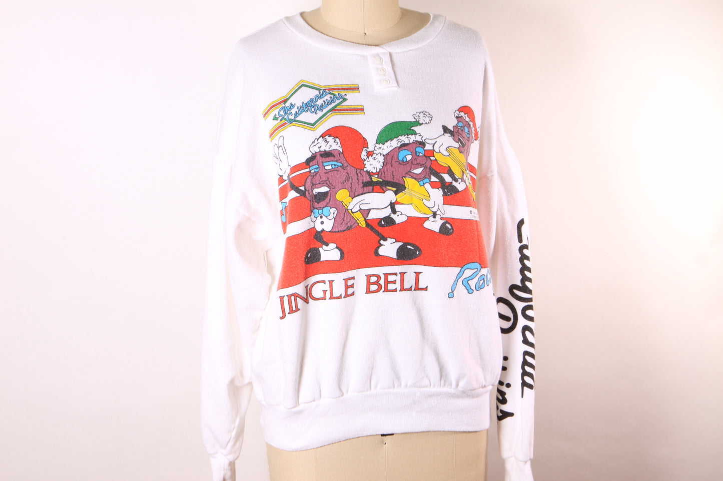 1980s Novelty California Raisins White Pullover Christmas Sweatshirt by Jane Colby