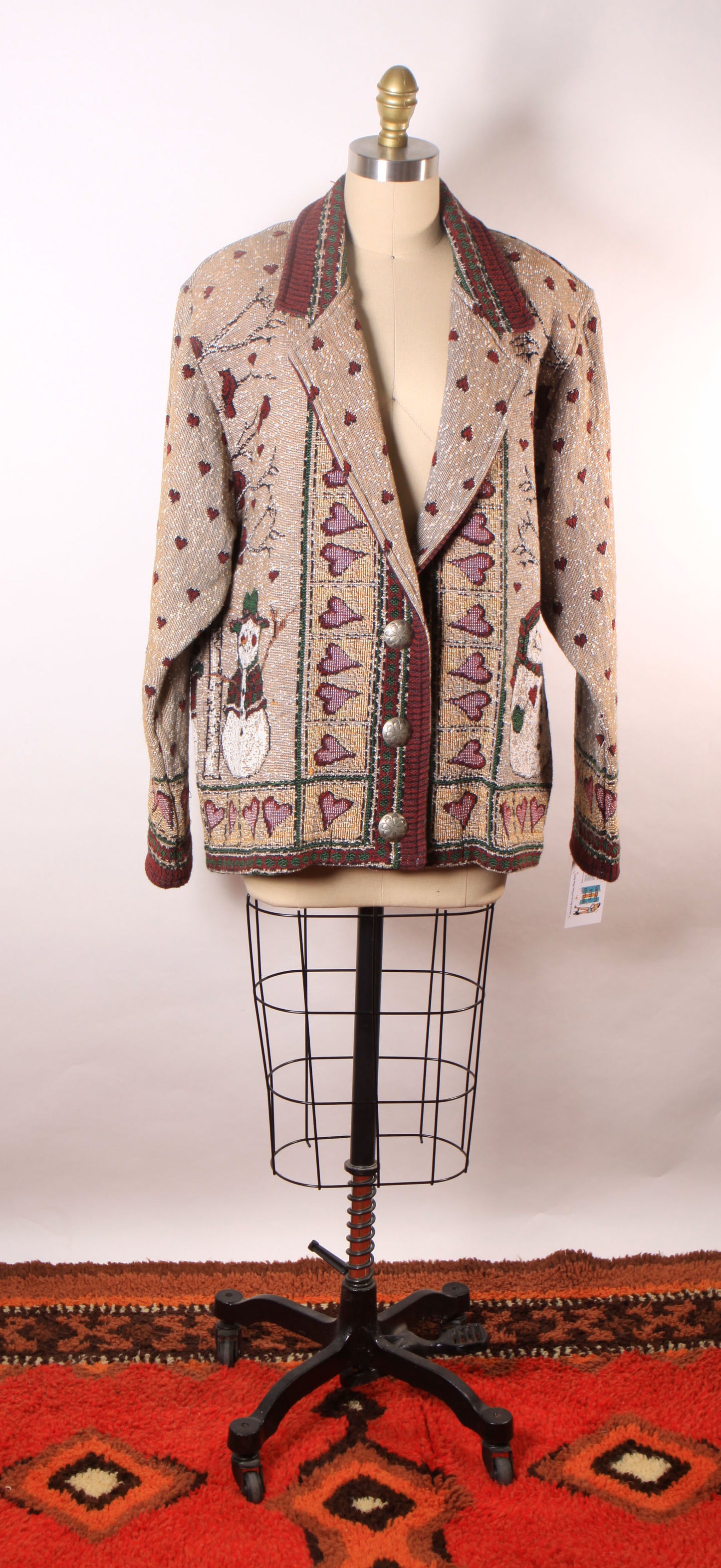 1980s 1990s Tan, Red and Green Novelty Tapestry Snowman Button Down Jacket by Painted Pony -XL