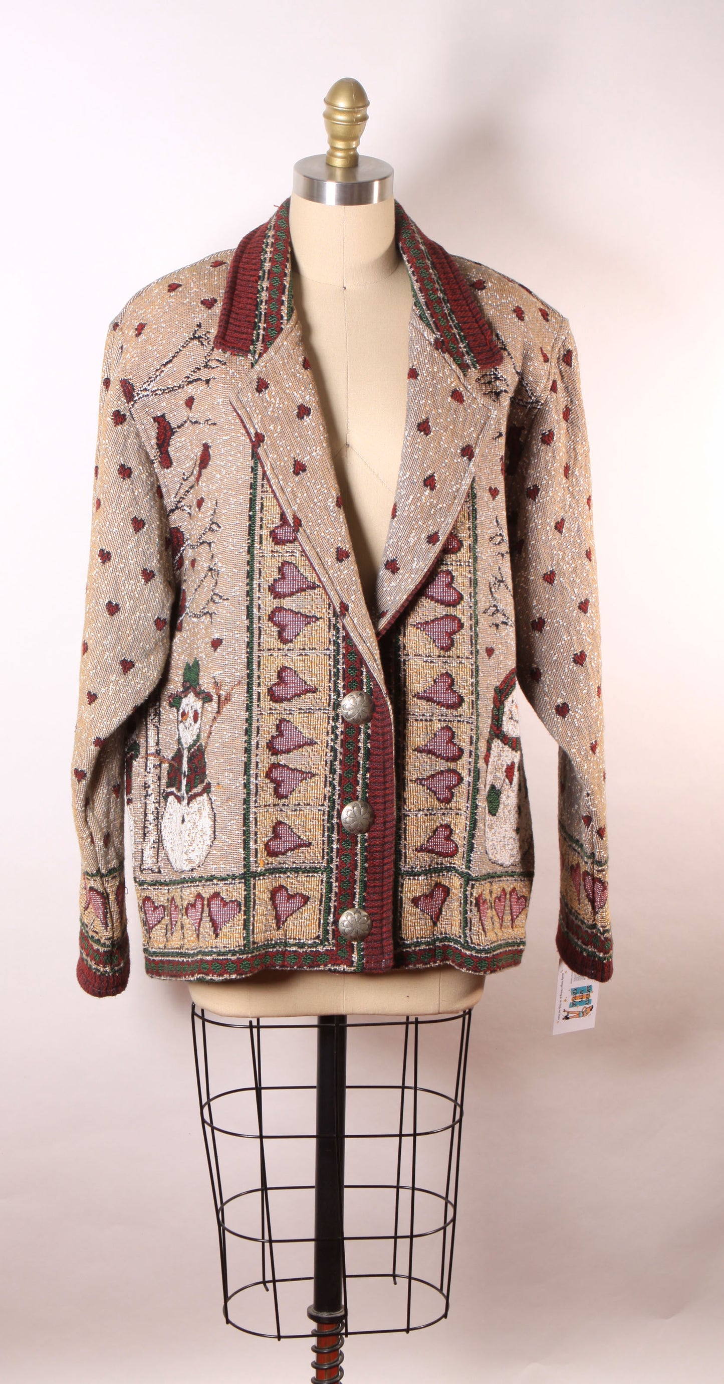 1980s 1990s Tan, Red and Green Novelty Tapestry Snowman Button Down Jacket by Painted Pony -XL