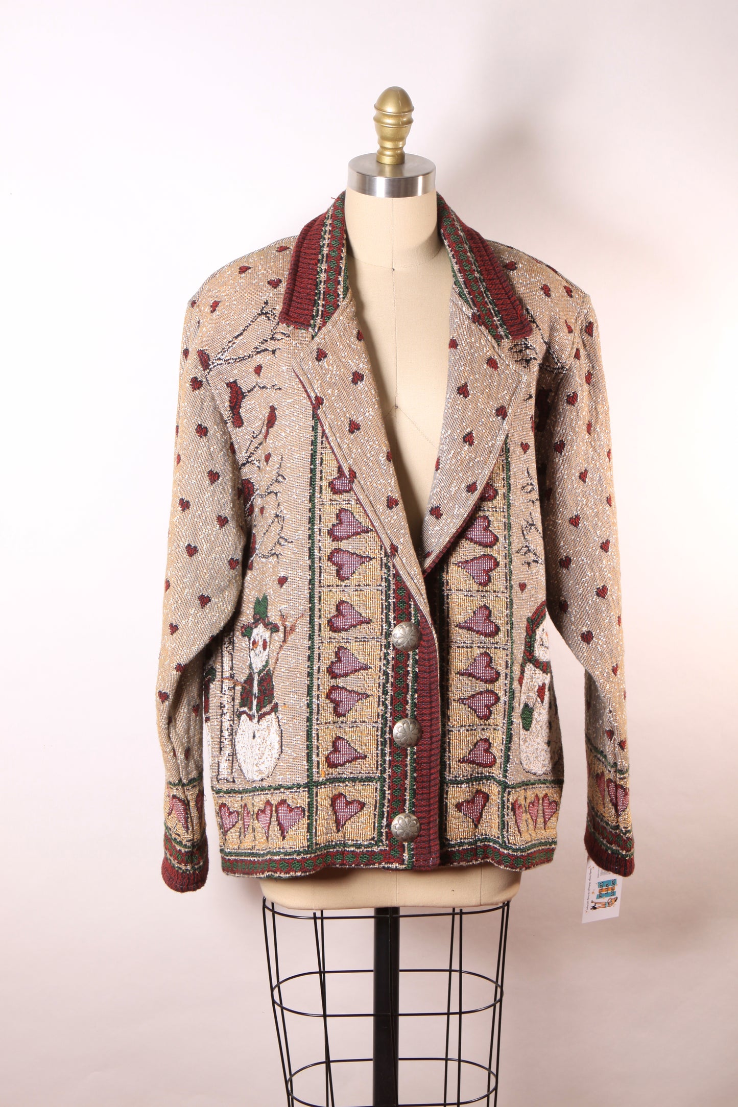 1980s 1990s Tan, Red and Green Novelty Tapestry Snowman Button Down Jacket by Painted Pony -XL
