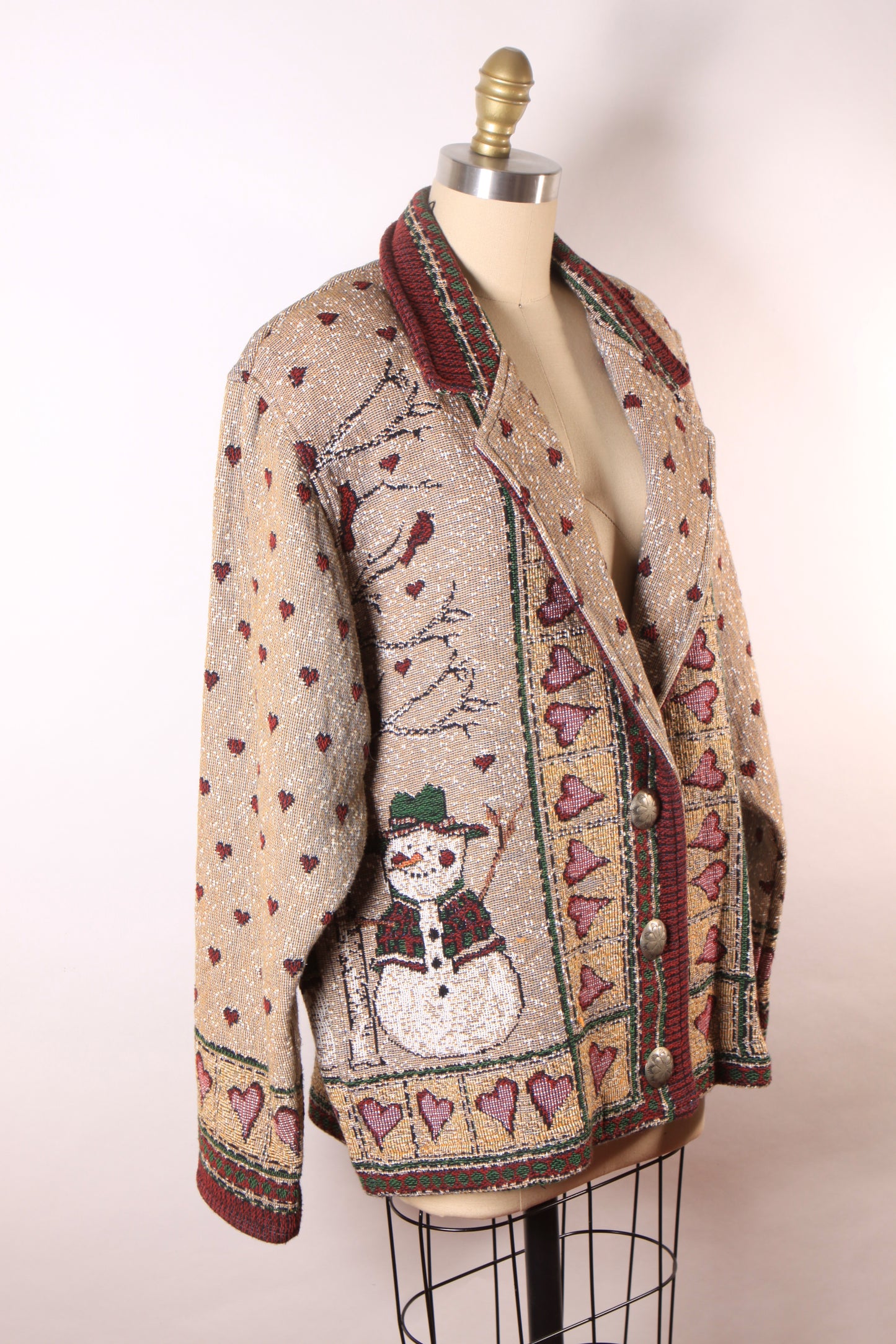 1980s 1990s Tan, Red and Green Novelty Tapestry Snowman Button Down Jacket by Painted Pony -XL