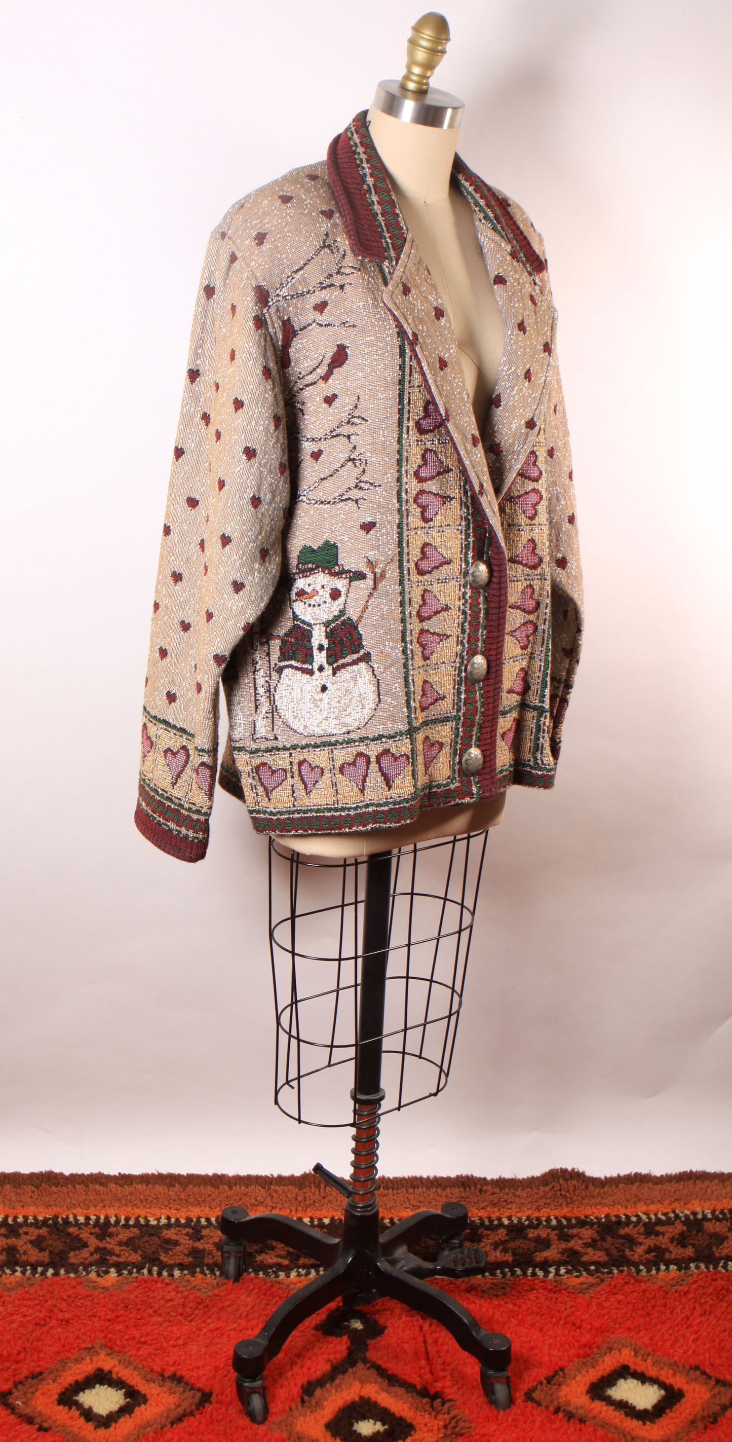 1980s 1990s Tan, Red and Green Novelty Tapestry Snowman Button Down Jacket by Painted Pony -XL