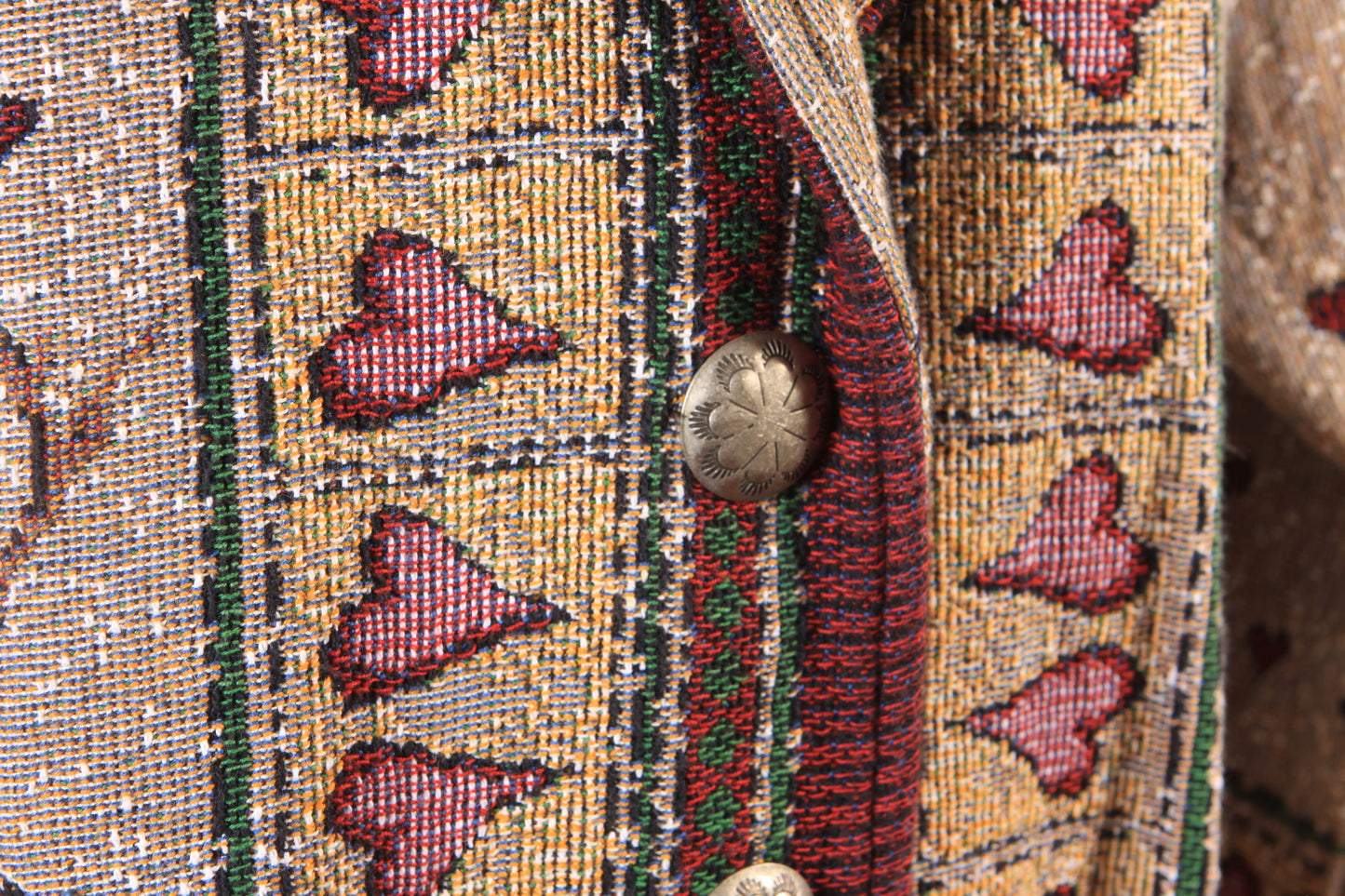 1980s 1990s Tan, Red and Green Novelty Tapestry Snowman Button Down Jacket by Painted Pony -XL