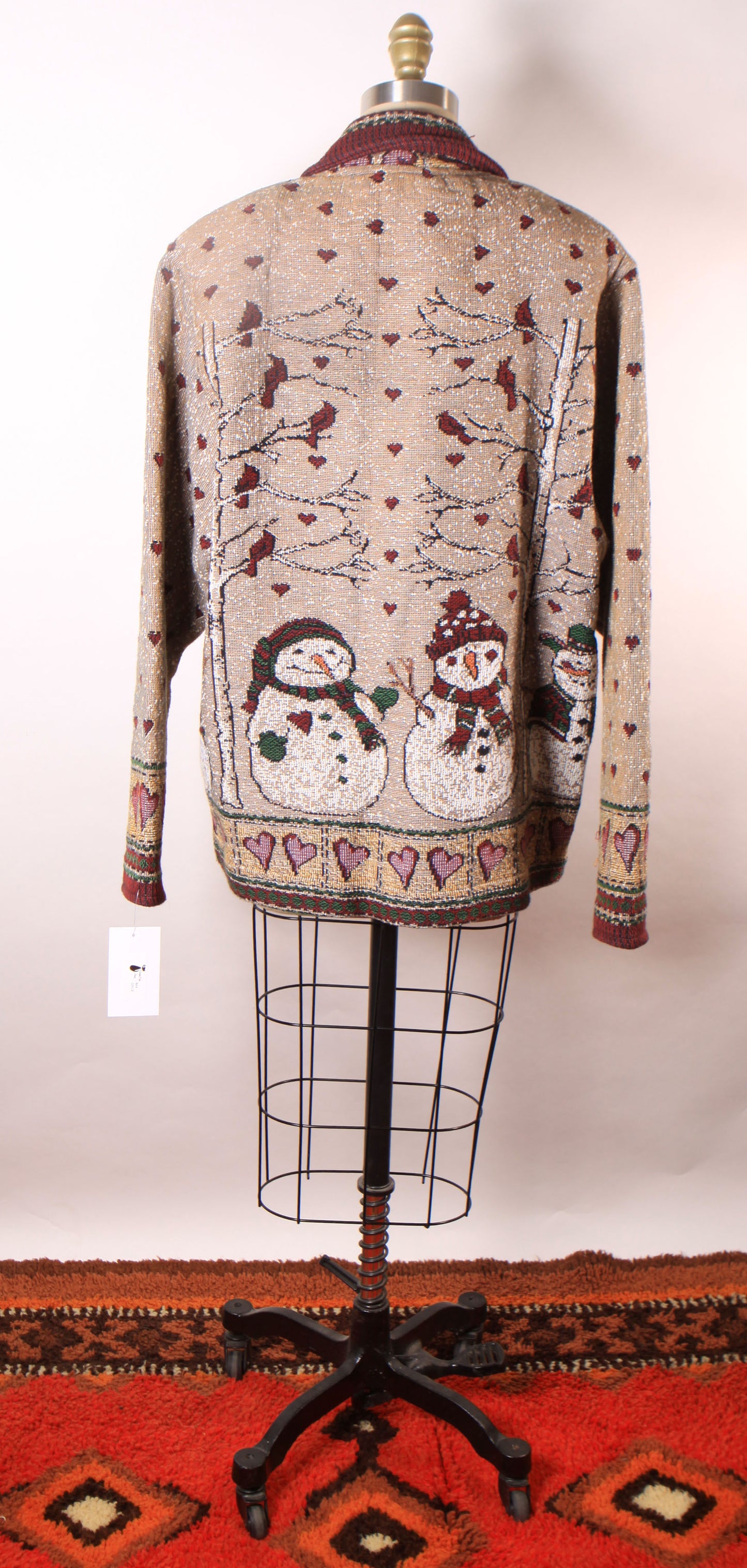 1980s 1990s Tan, Red and Green Novelty Tapestry Snowman Button Down Jacket by Painted Pony -XL