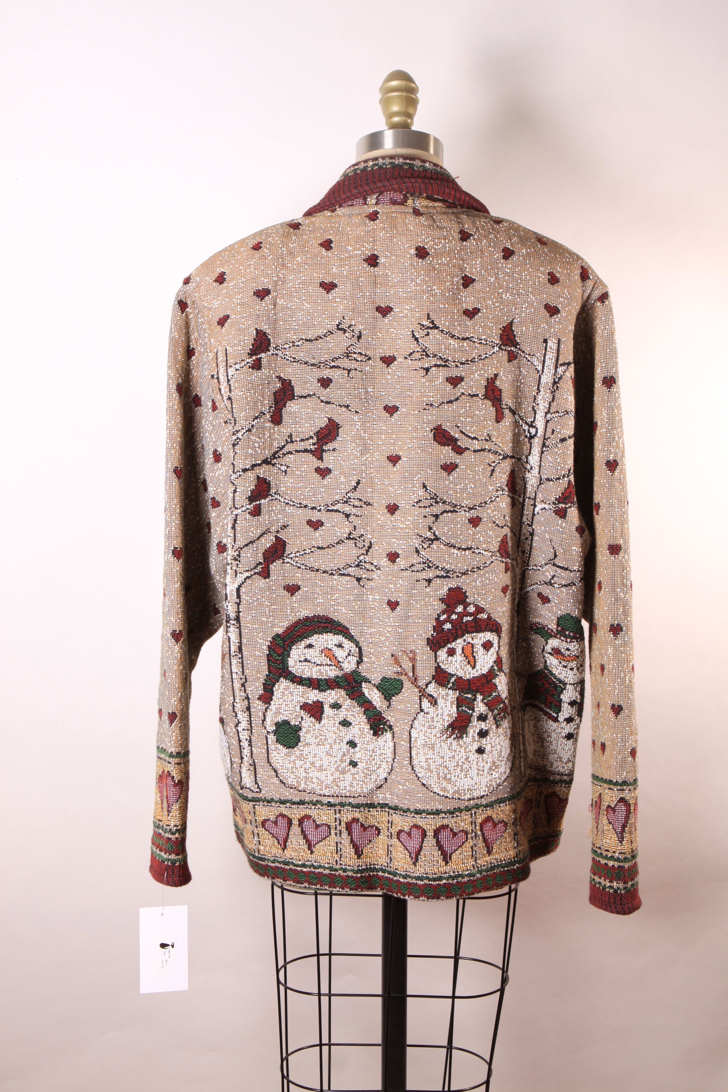1980s 1990s Tan, Red and Green Novelty Tapestry Snowman Button Down Jacket by Painted Pony -XL