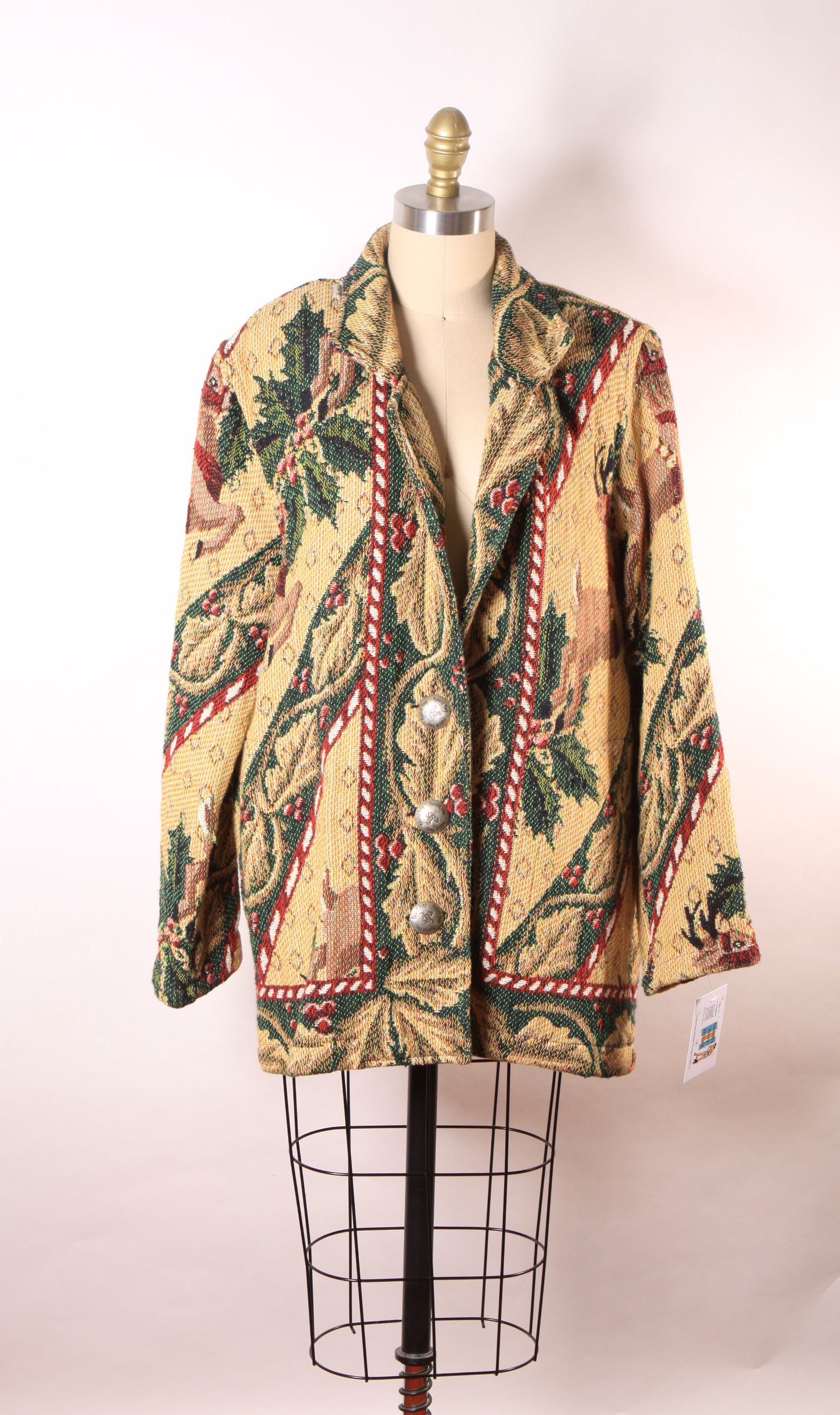 1980s 1990s Tan, Red and Green Novelty Deer and Holiday Berries Christmas Tapestry Button Down Jacket by Painted Pony -S