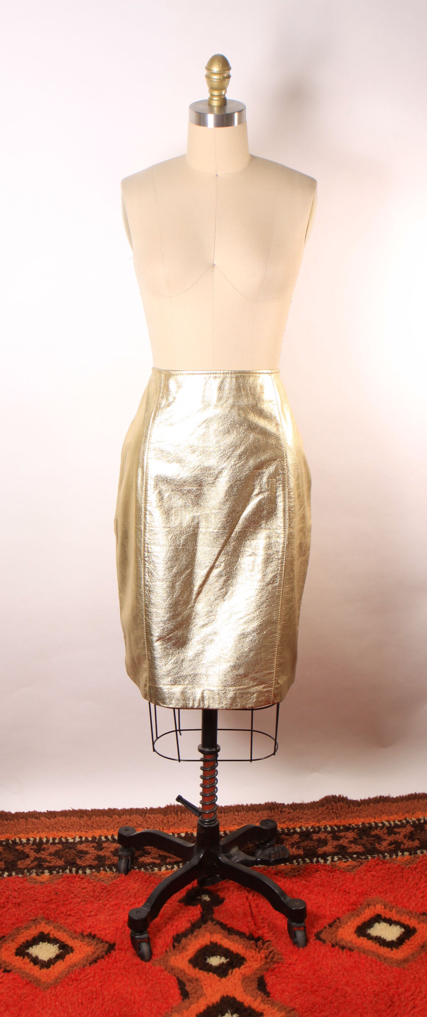 Deadstock 1980s Gold Metallic Leather Pencil Skirt -Size 14