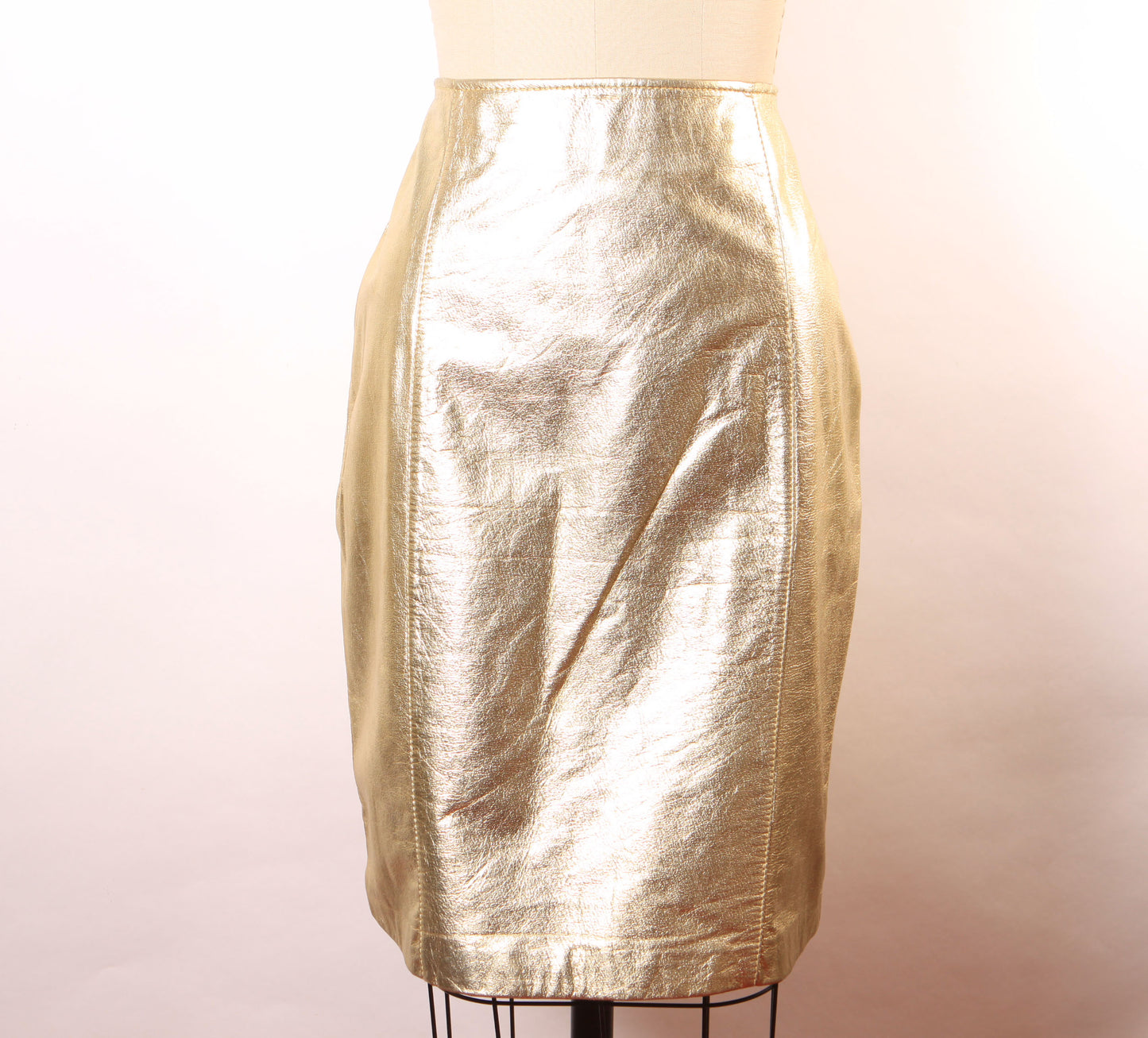 Deadstock 1980s Gold Metallic Leather Pencil Skirt -Size 14