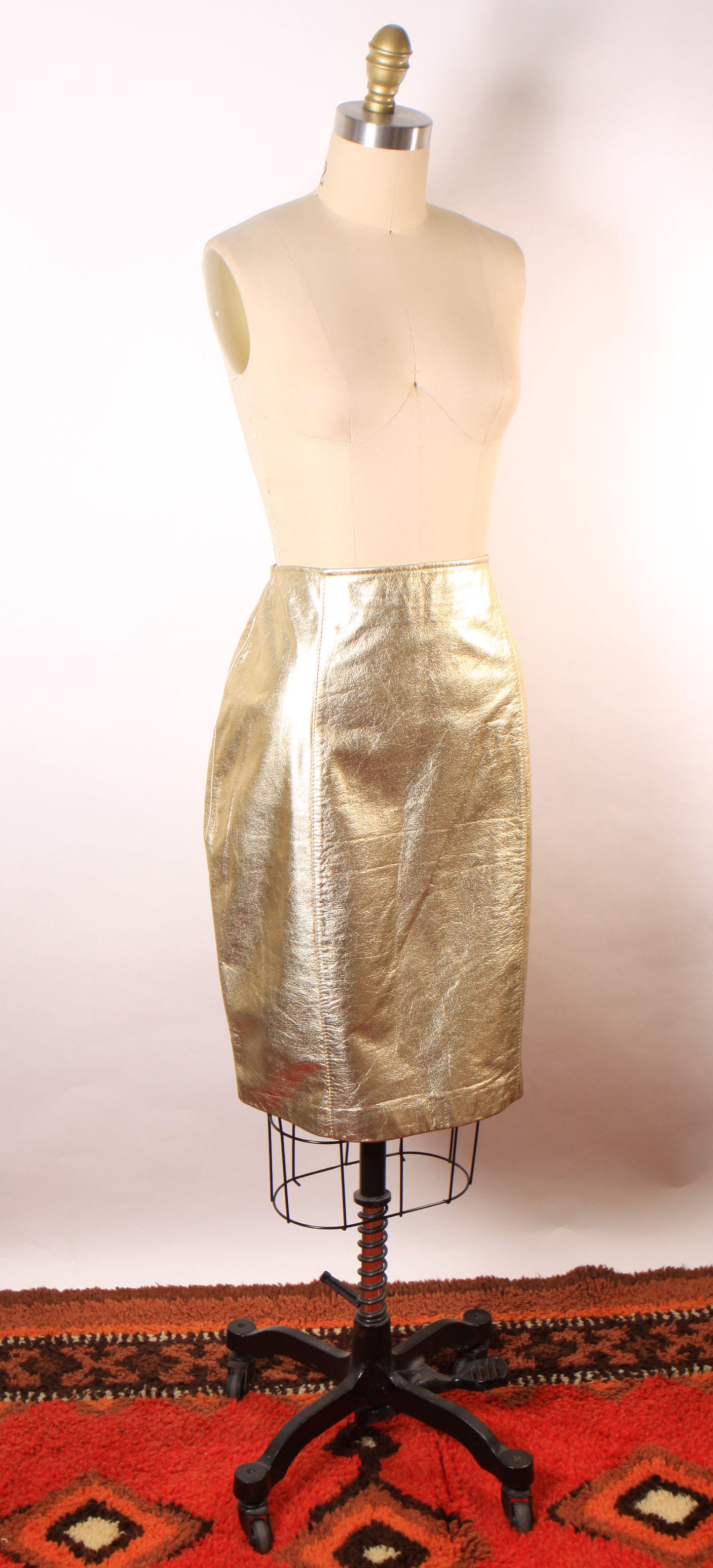 Deadstock 1980s Gold Metallic Leather Pencil Skirt -Size 14