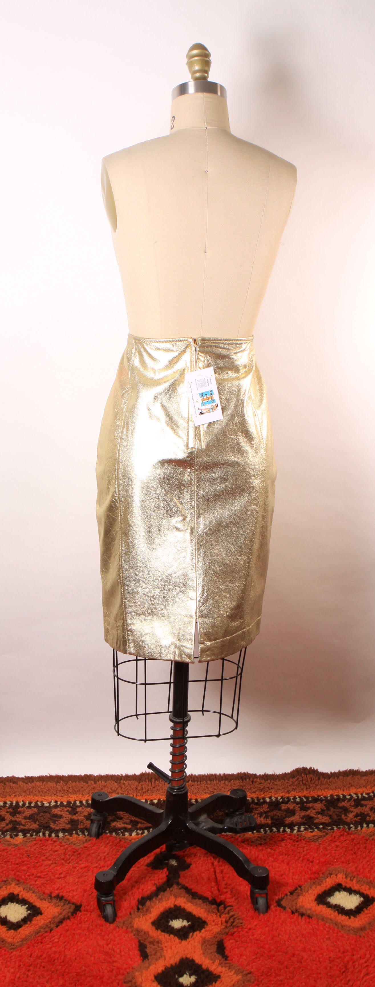 Deadstock 1980s Gold Metallic Leather Pencil Skirt -Size 14