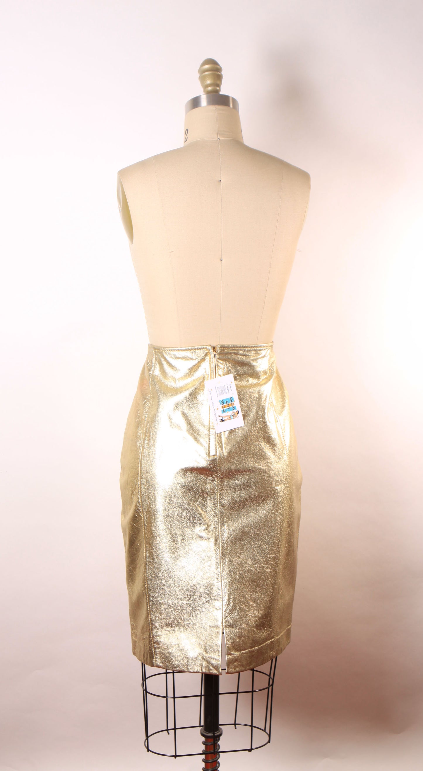 Deadstock 1980s Gold Metallic Leather Pencil Skirt -Size 14