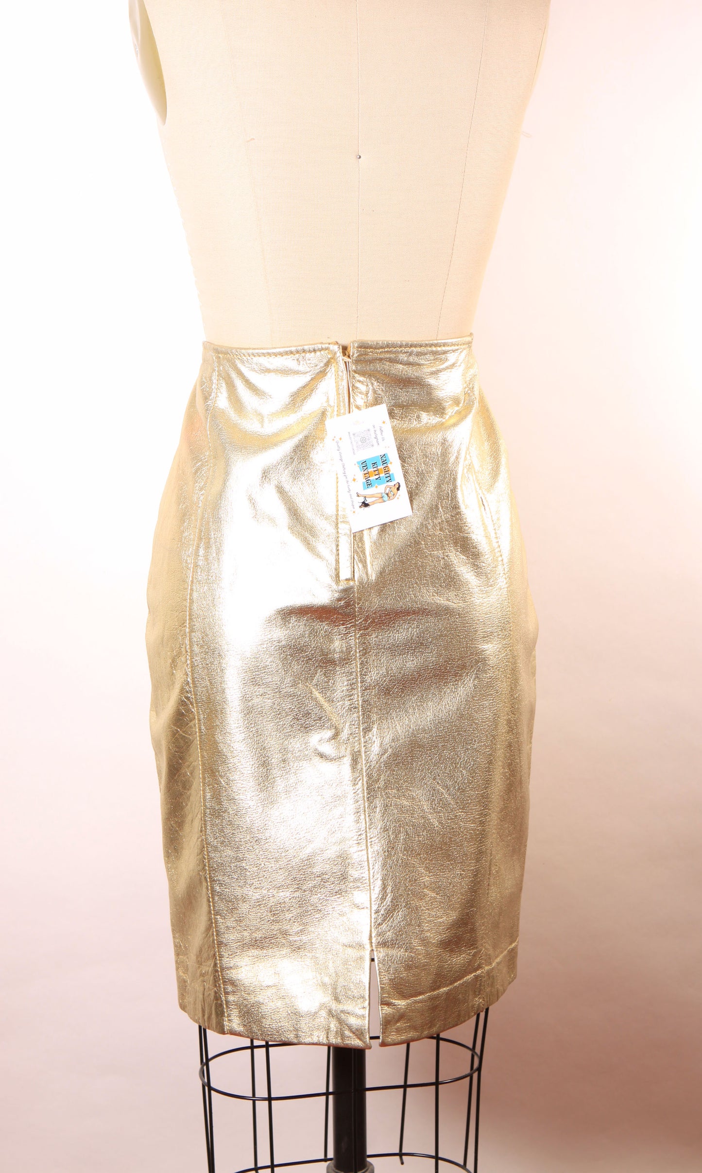 Deadstock 1980s Gold Metallic Leather Pencil Skirt -Size 14