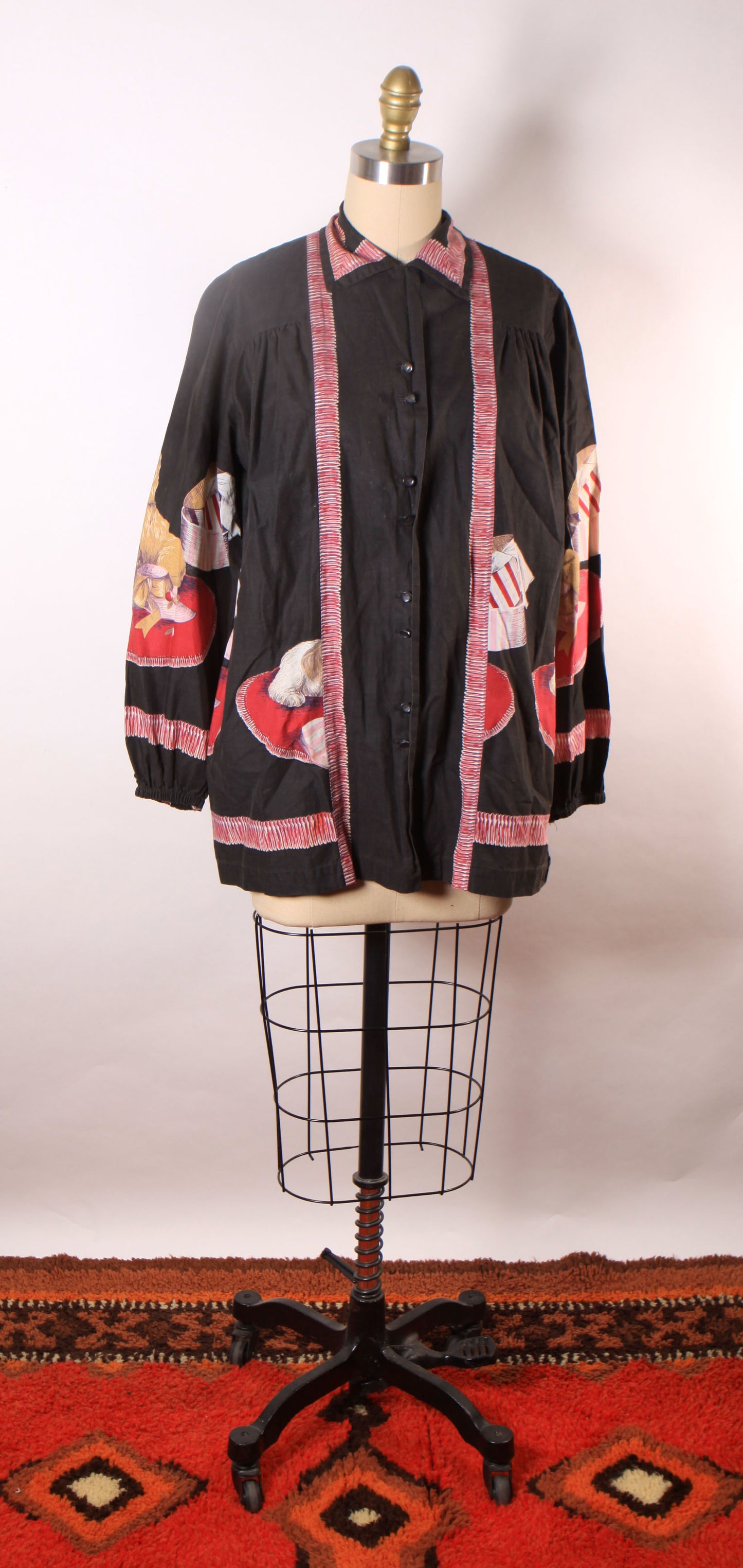 1950s Novelty Puppies and Presents Black Long Sleeve John Wolf Print Blouse Smock Top-