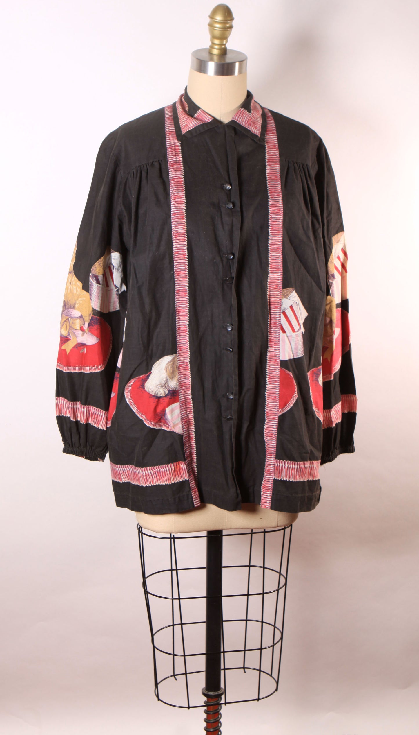 1950s Novelty Puppies and Presents Black Long Sleeve John Wolf Print Blouse Smock Top-