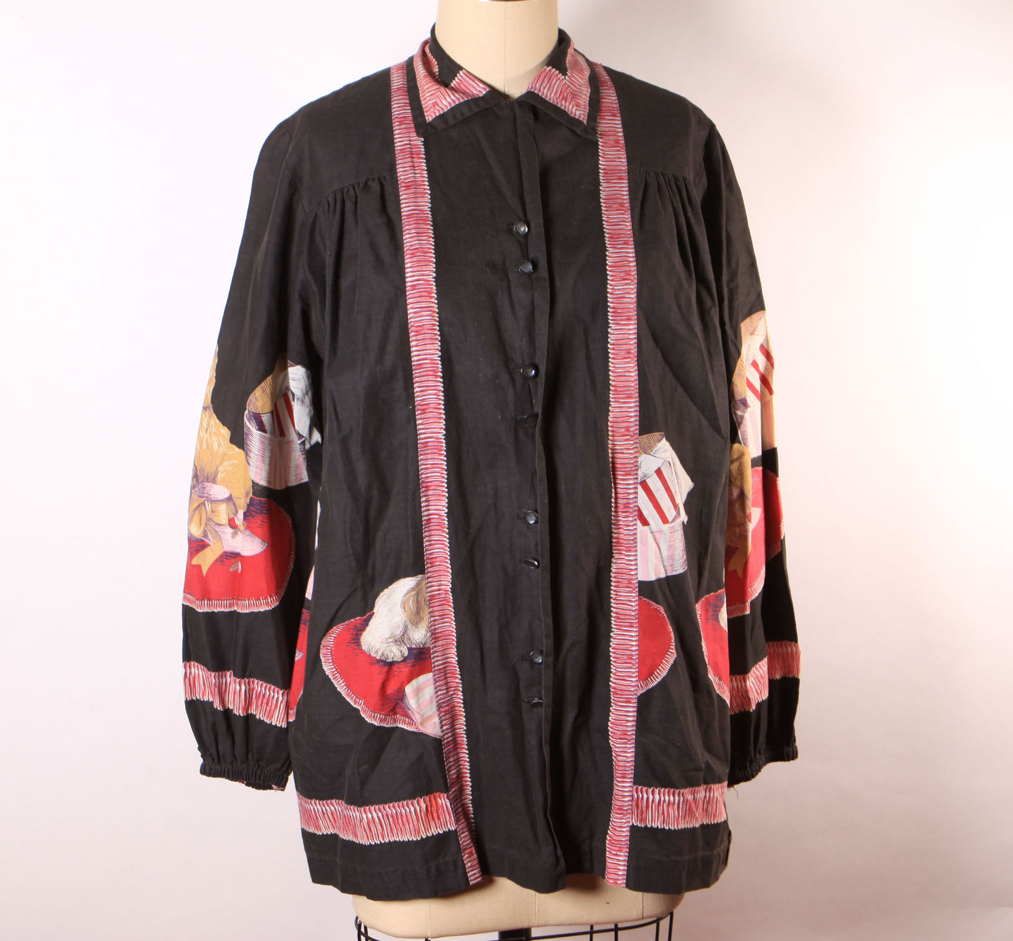 1950s Novelty Puppies and Presents Black Long Sleeve John Wolf Print Blouse Smock Top-