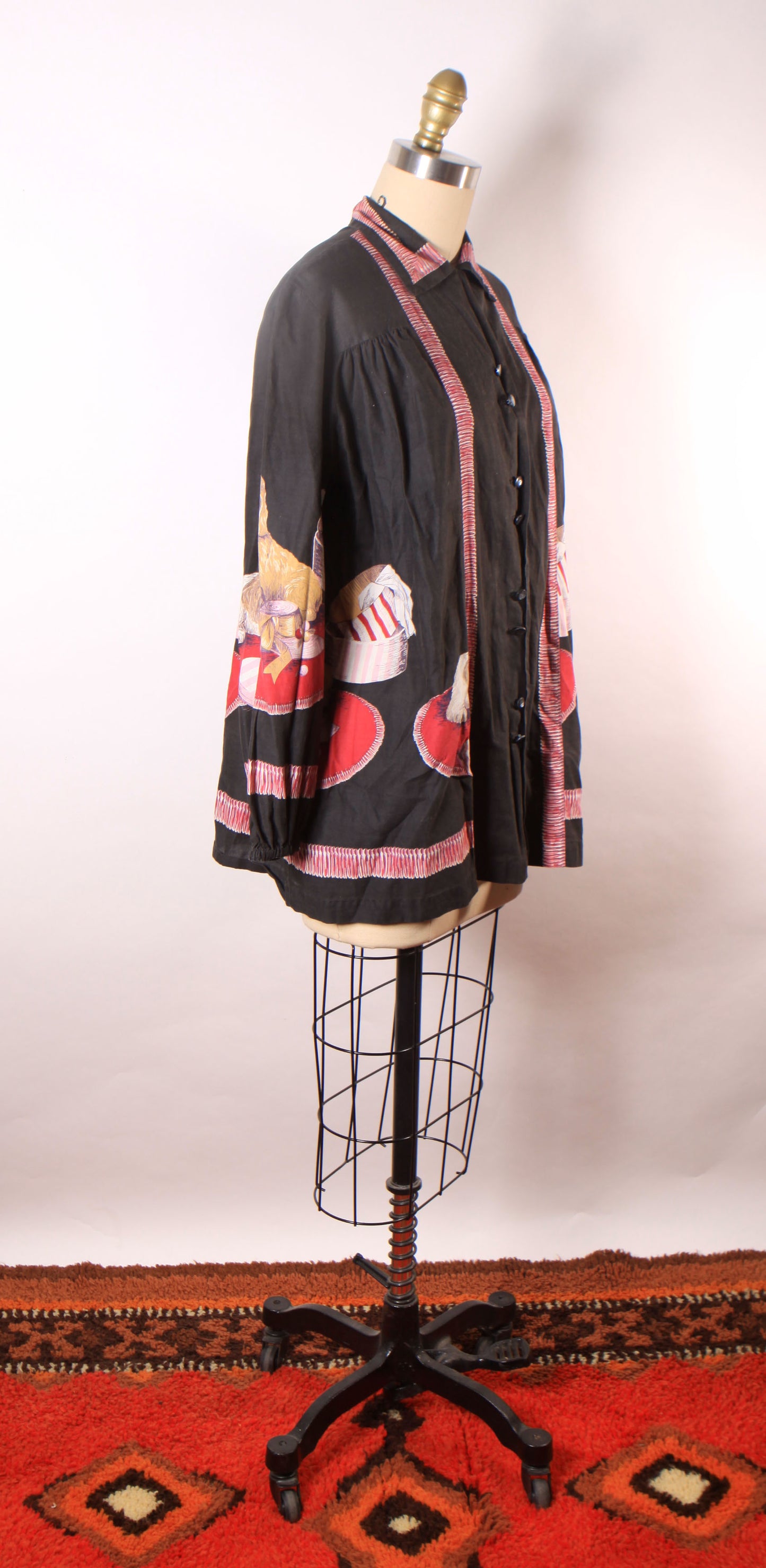 1950s Novelty Puppies and Presents Black Long Sleeve John Wolf Print Blouse Smock Top-