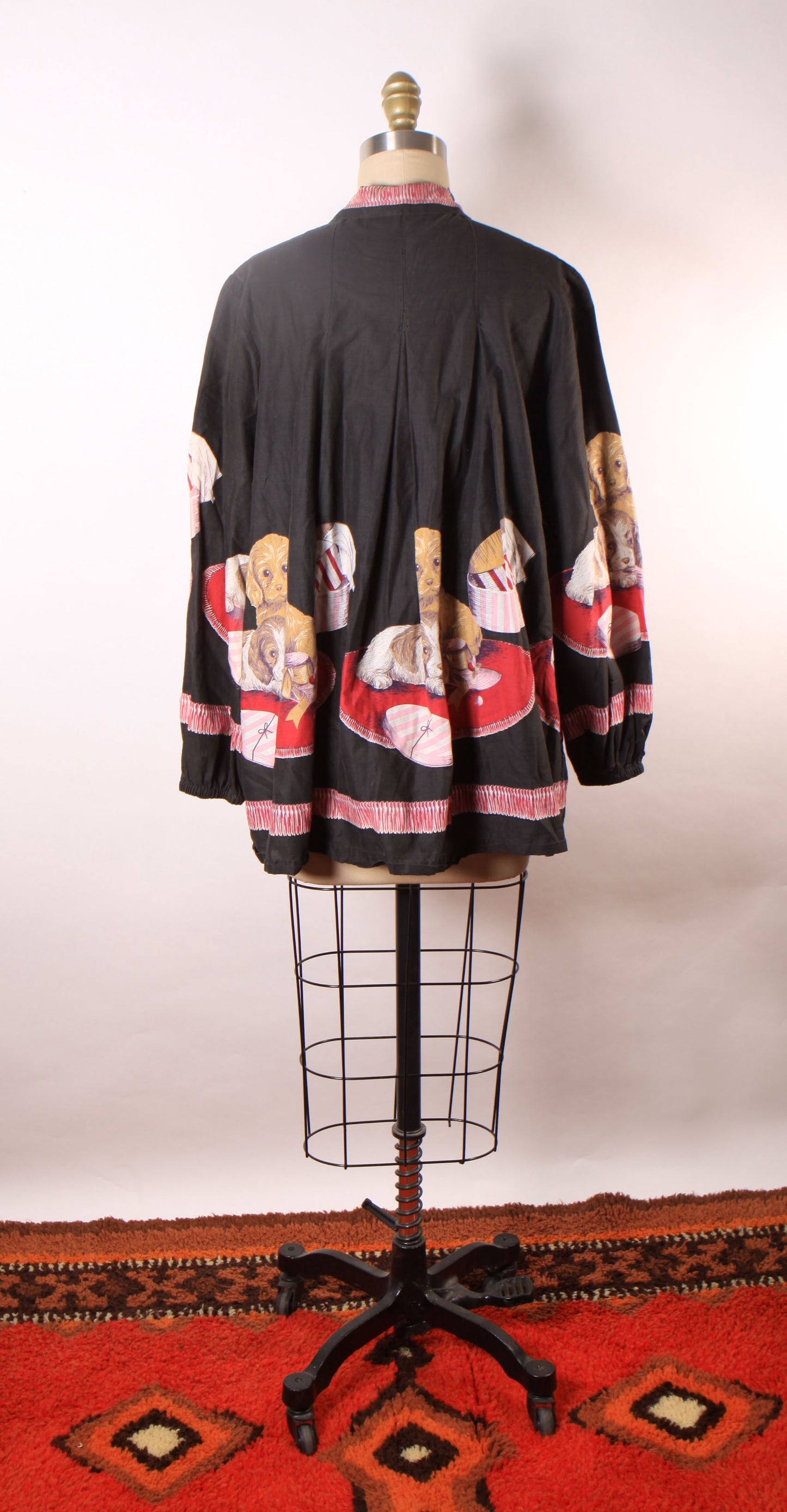 1950s Novelty Puppies and Presents Black Long Sleeve John Wolf Print Blouse Smock Top-