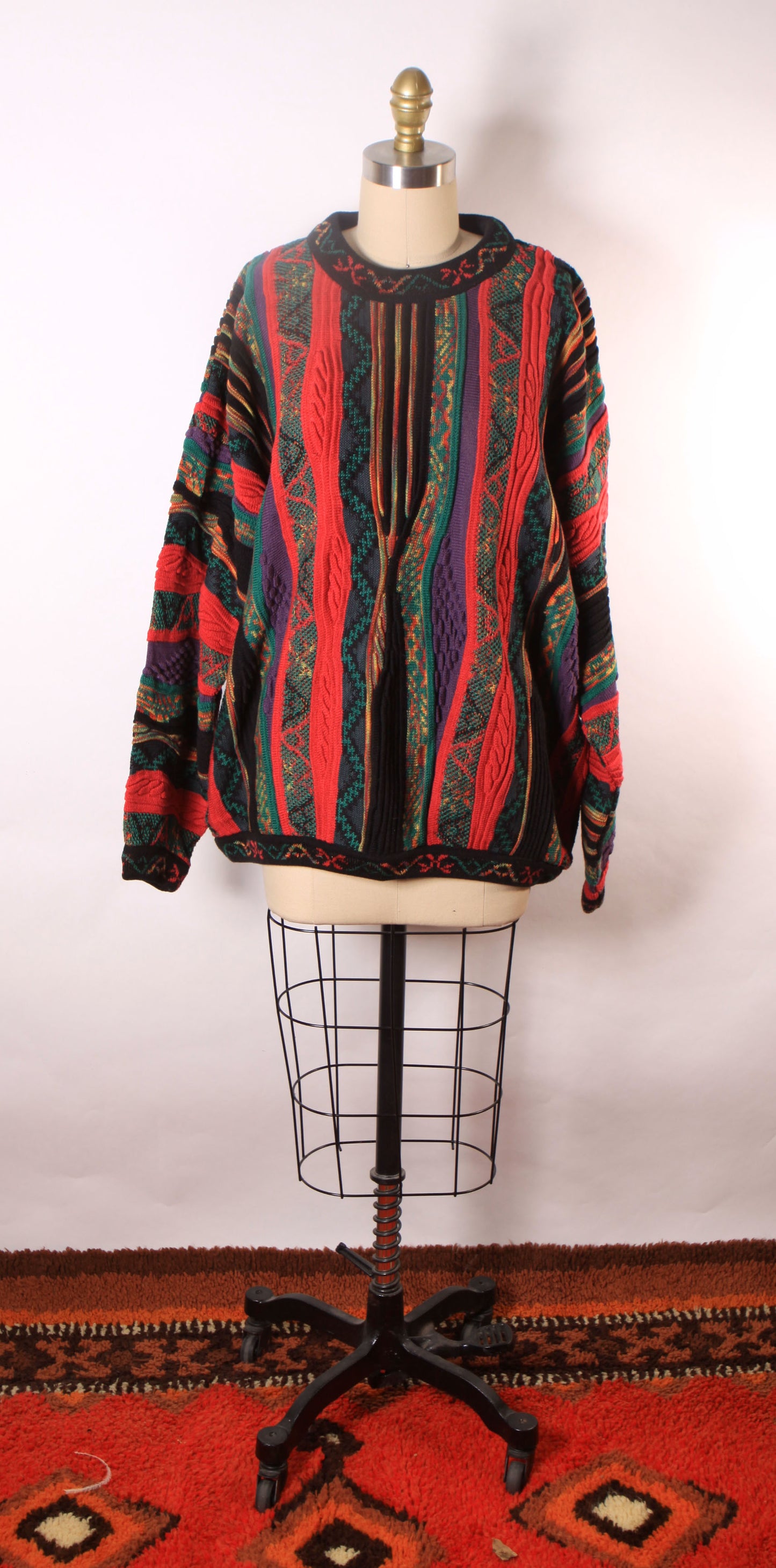 1980s Multi-Colored Pink and Black Long Sleeve Abstract Coogi Style Pullover Sweater by Norm Thompson Tundra -XL