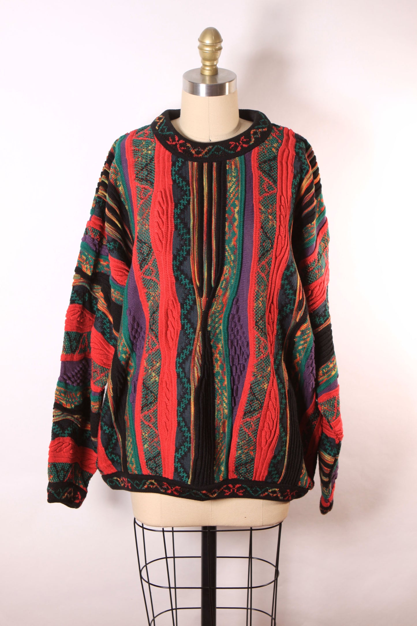 1980s Multi-Colored Pink and Black Long Sleeve Abstract Coogi Style Pullover Sweater by Norm Thompson Tundra -XL