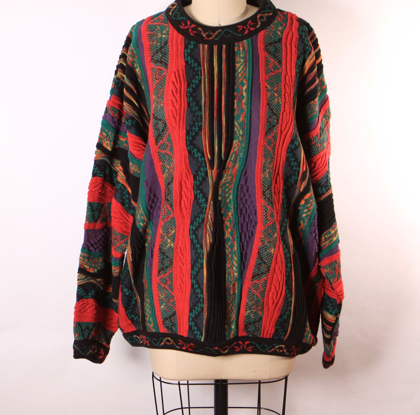 1980s Multi-Colored Pink and Black Long Sleeve Abstract Coogi Style Pullover Sweater by Norm Thompson Tundra -XL