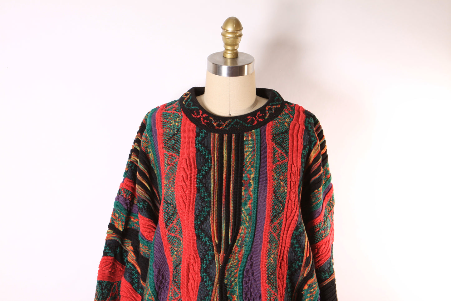 1980s Multi-Colored Pink and Black Long Sleeve Abstract Coogi Style Pullover Sweater by Norm Thompson Tundra -XL