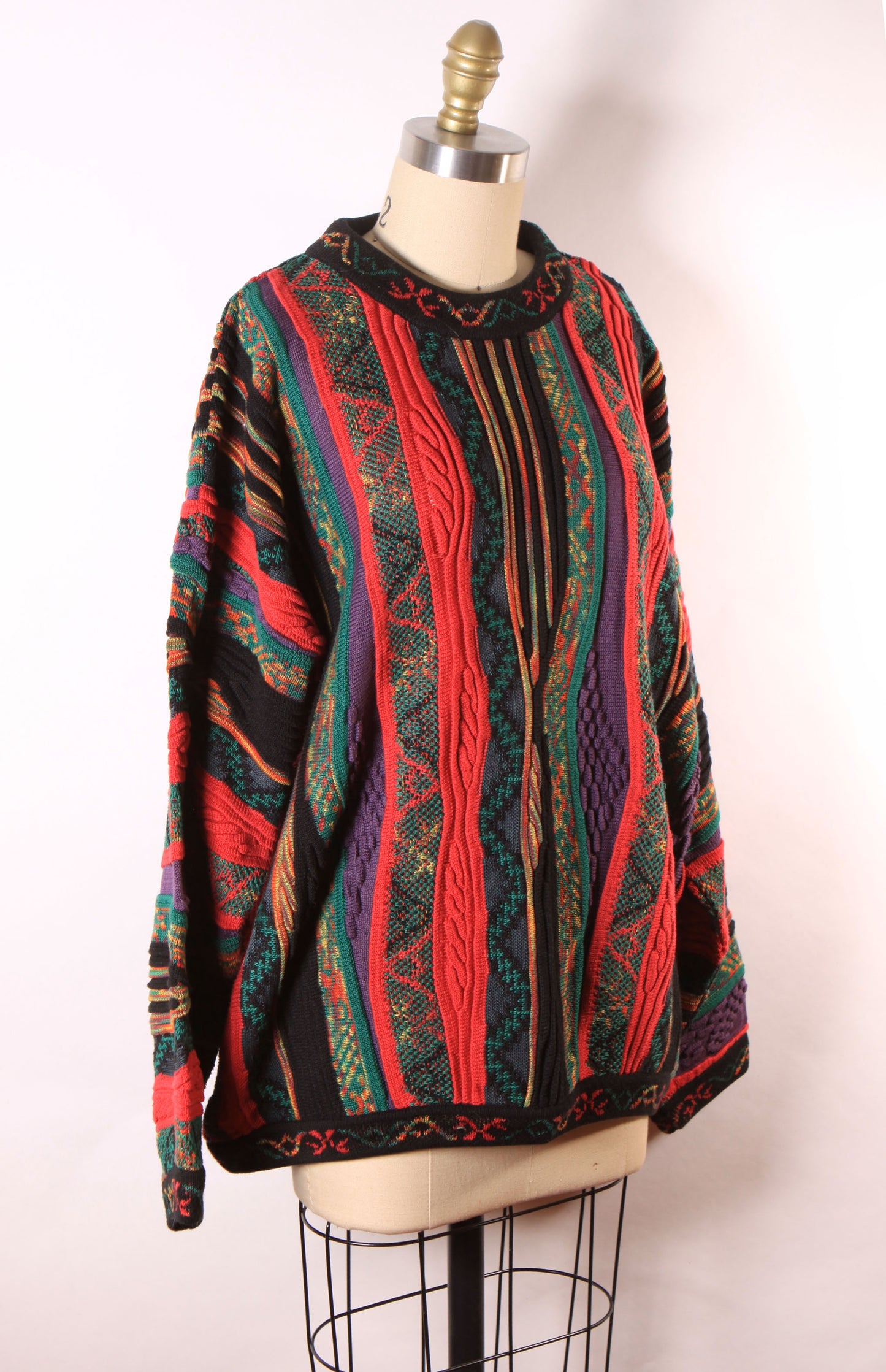 1980s Multi-Colored Pink and Black Long Sleeve Abstract Coogi Style Pullover Sweater by Norm Thompson Tundra -XL