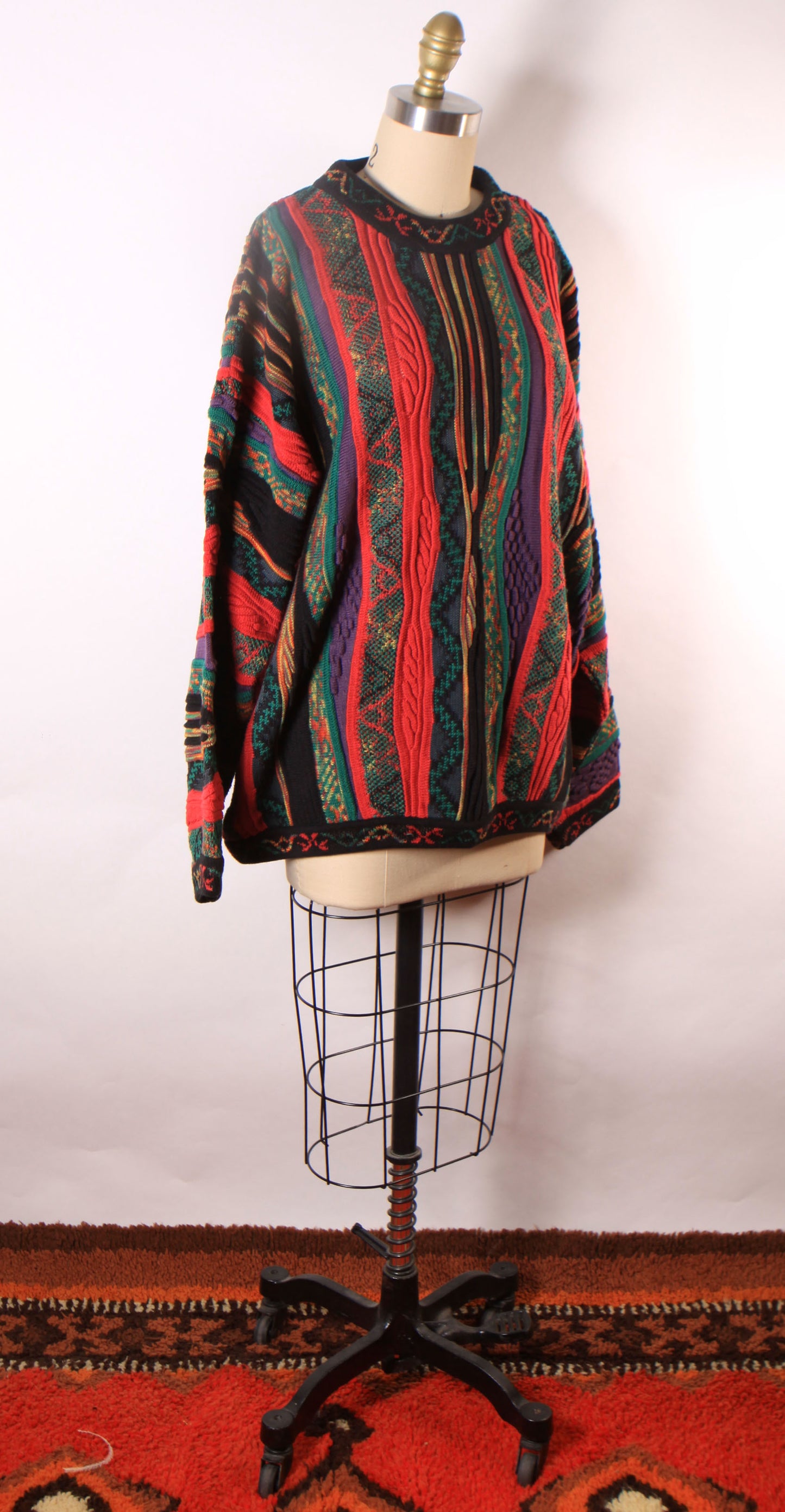 1980s Multi-Colored Pink and Black Long Sleeve Abstract Coogi Style Pullover Sweater by Norm Thompson Tundra -XL