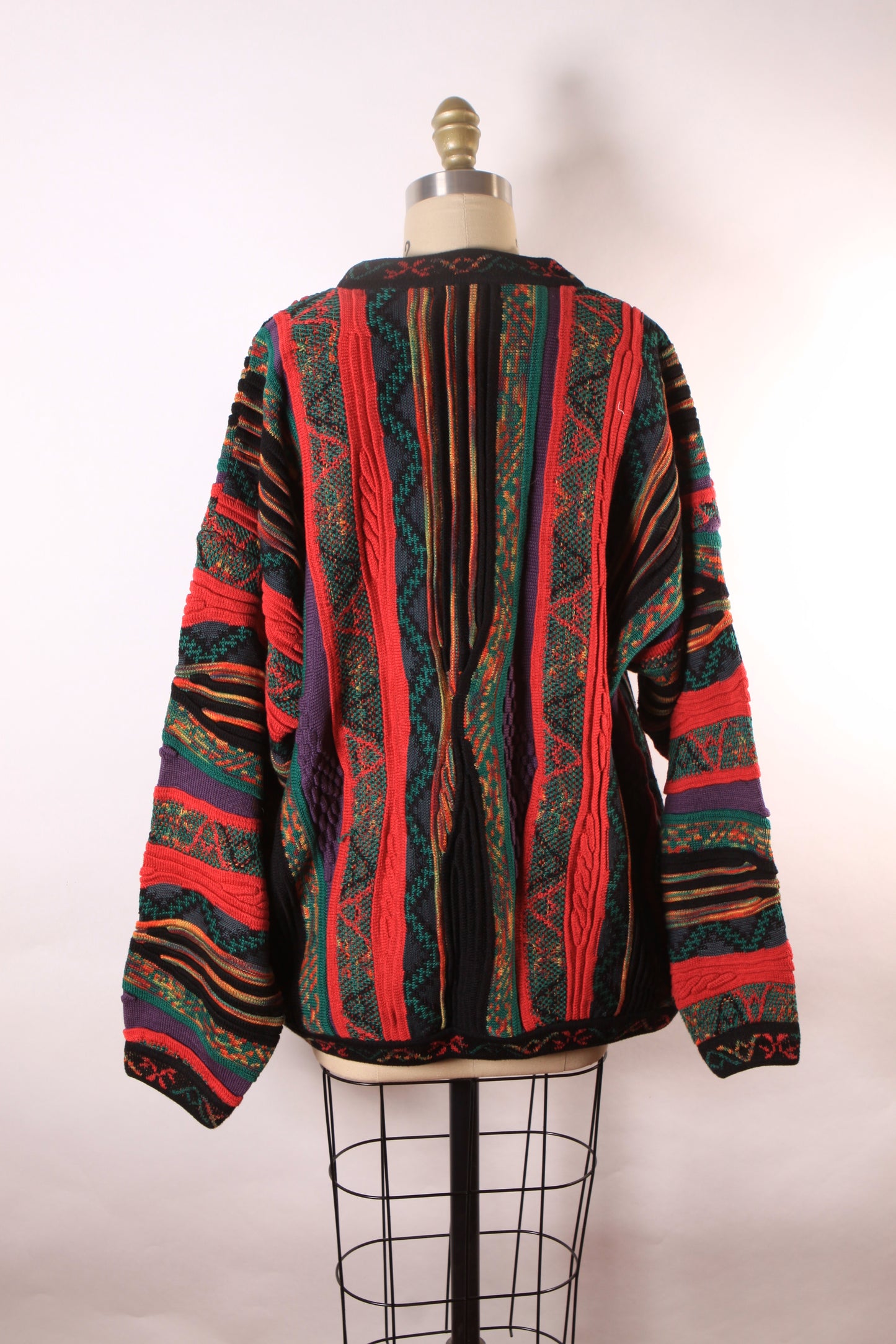 1980s Multi-Colored Pink and Black Long Sleeve Abstract Coogi Style Pullover Sweater by Norm Thompson Tundra -XL